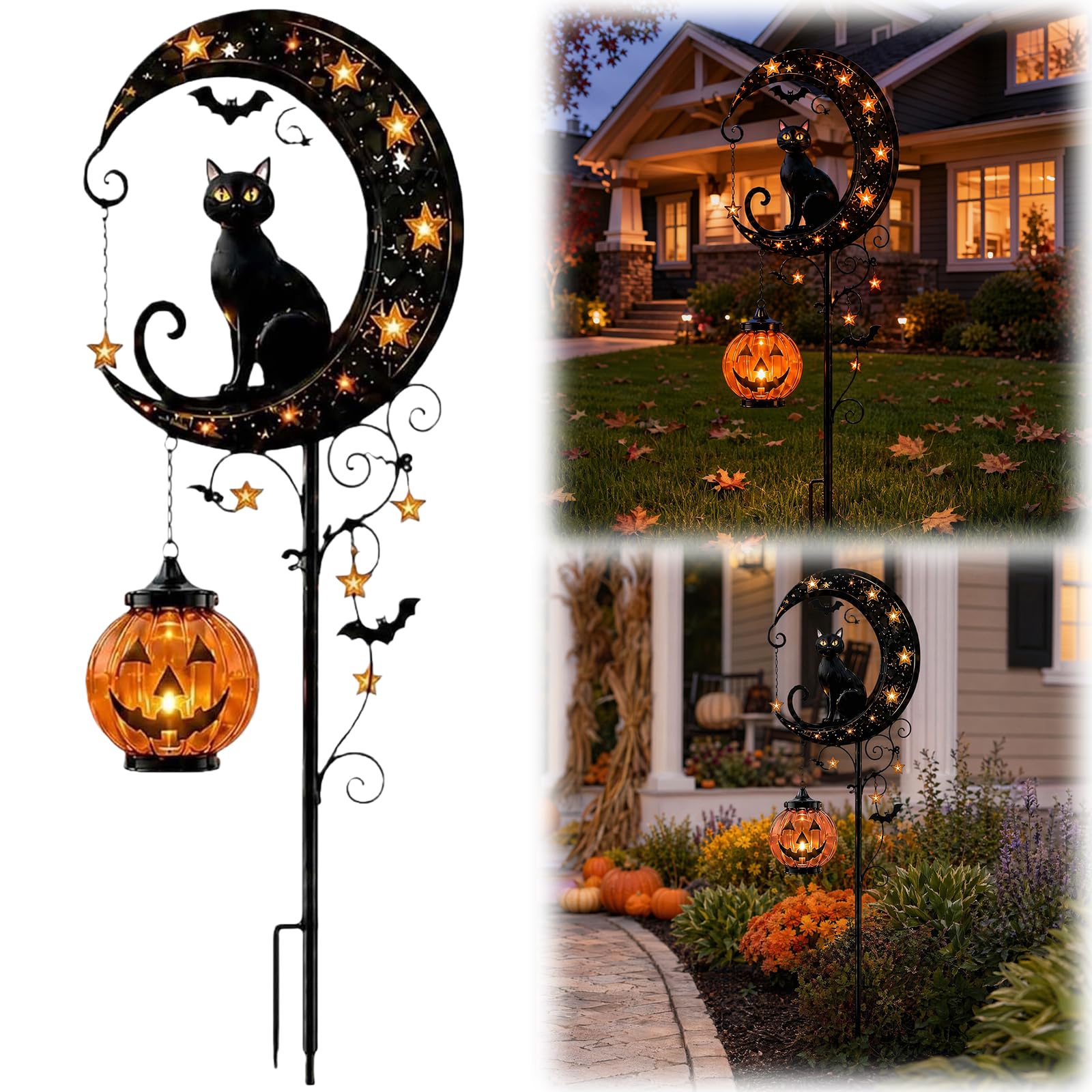 Solar Halloween Garden Stake Light – Black Cat Pumpkin Moon Lantern