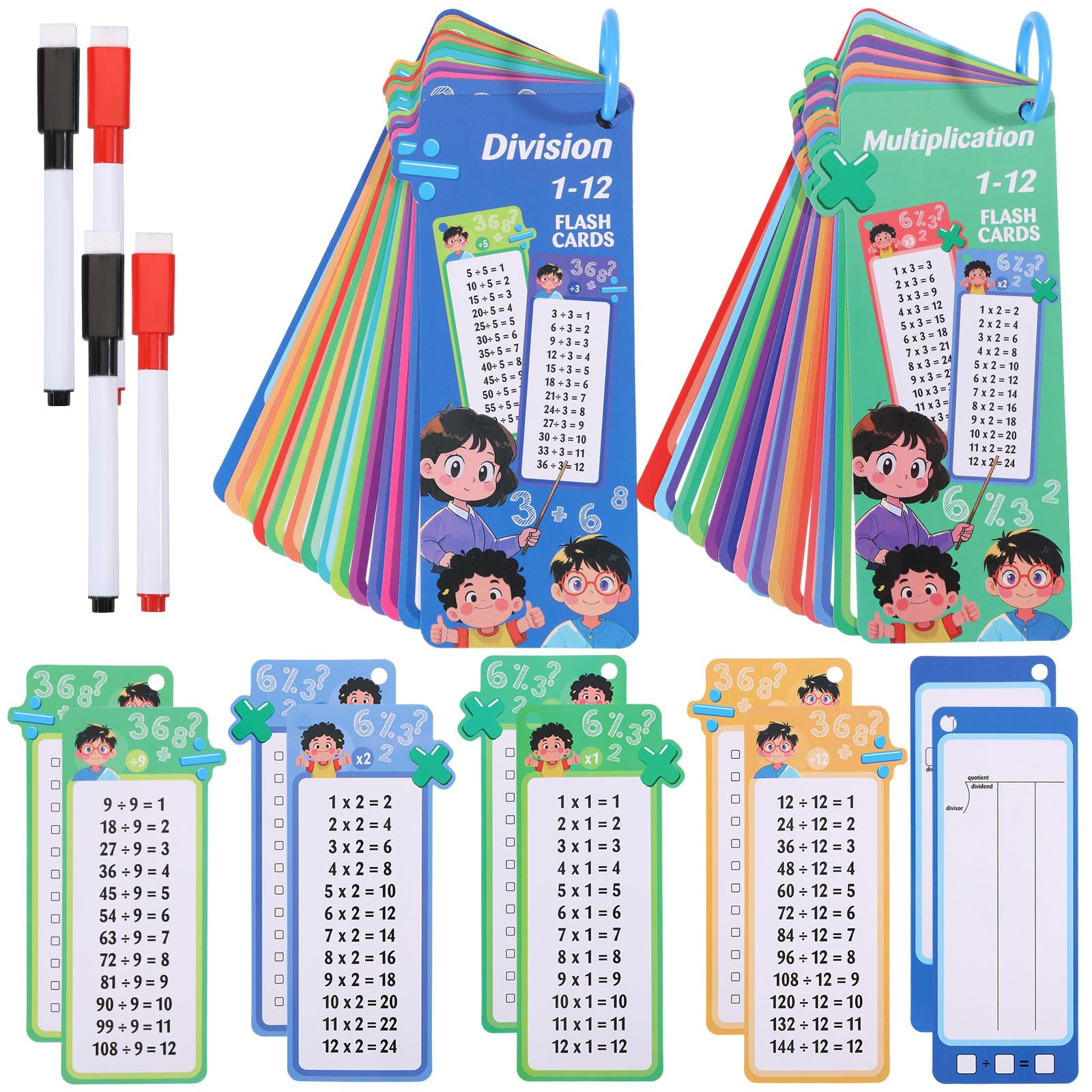 beinkmake 30Pcs Multiplication and Division Flash Cards Time Table Flash Cards Reusable Math Flashcards with 4 Dry Erase Pens 2 Rings Self Check Classroom Home Learning Aids Number for Grades 1 to 6