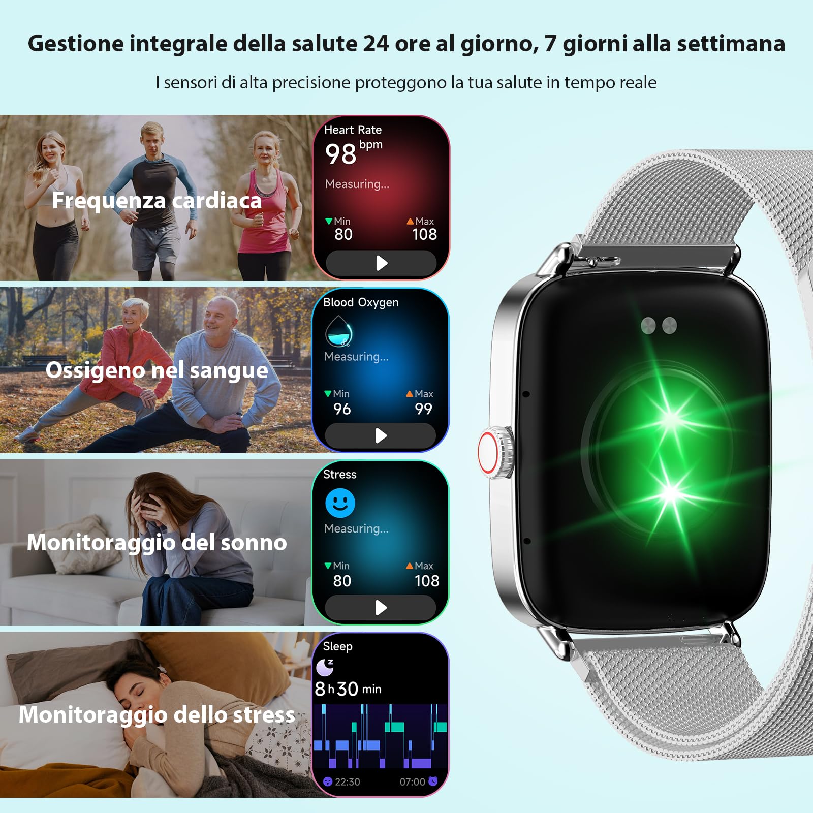 Smartwatch Uomo Donna, 1.85" Orologio Smartwatch con Chiamate e Notifiche WhatsApp, Fitness Tracker con Contapassi Sonno SpO2 Cardiofrequenzimetro, 110 Sportive, IP68 Watch per Android iOS Argento