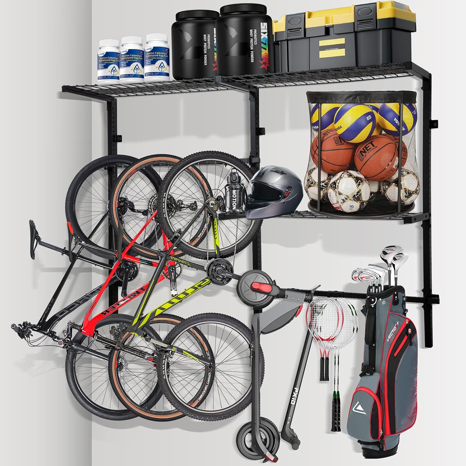 Sports Equipment Storage for Garage - Indoor/Outdoor Sports Rack Wall Mounted with 2 Shelf Sports Equipment Storage for Garage with Hooks Toy/Sports Gear Storage 500 Pounds Capacity