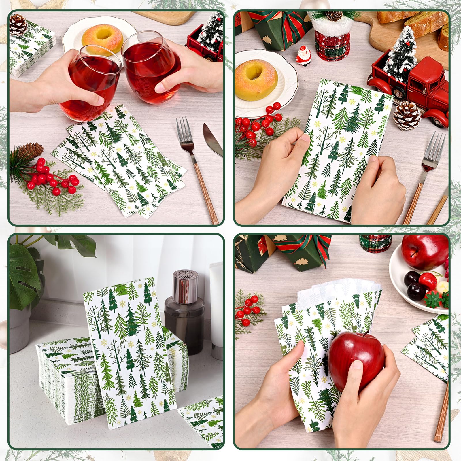 Homlouue 100 servilletas de Navidad desechables, 3 capas, color verde, con diseño de árboles de Navidad, servilletas de papel de Navidad para baño, servilletas de cena desechables para decoración de