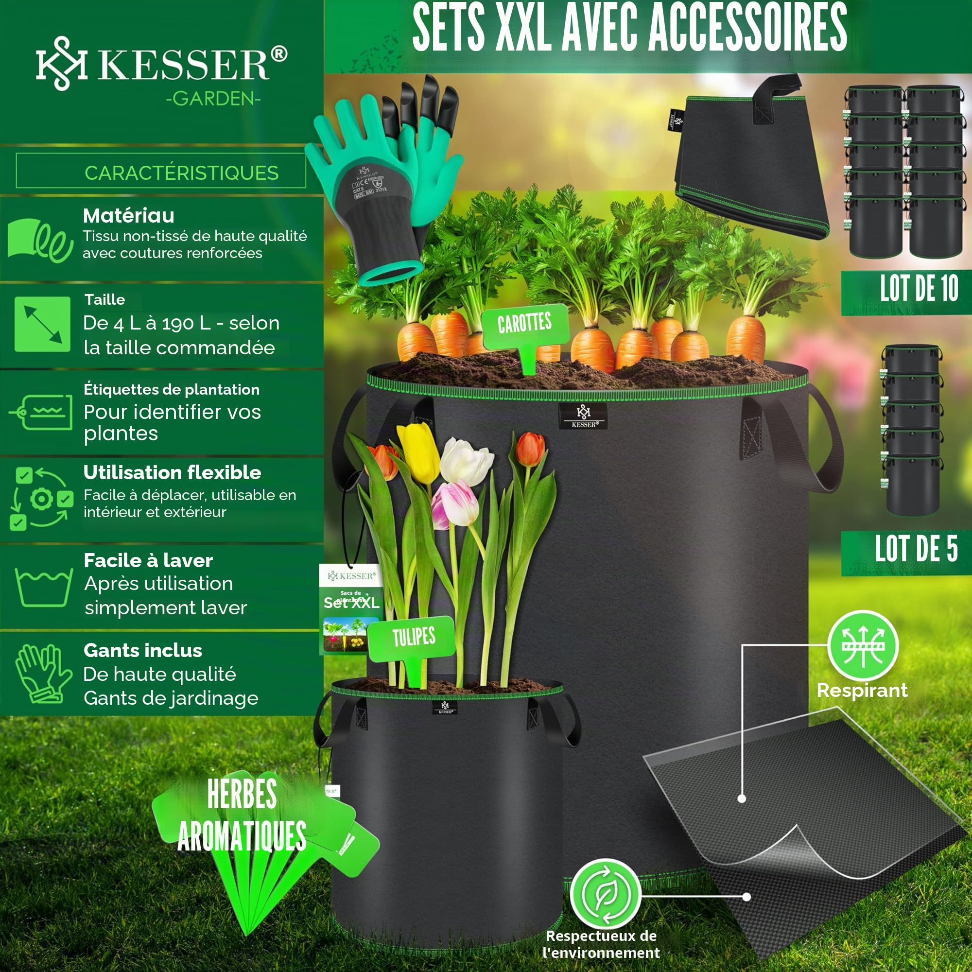 KESSER® Lot de 10 Sac de Plantation 27 litres | Sacs de Plantation en Tissu Non Tissé avec Etiquettes Nominatives | Sac de Plantation de Pommes de Terre avec Fenêtre & Poignées | Noir