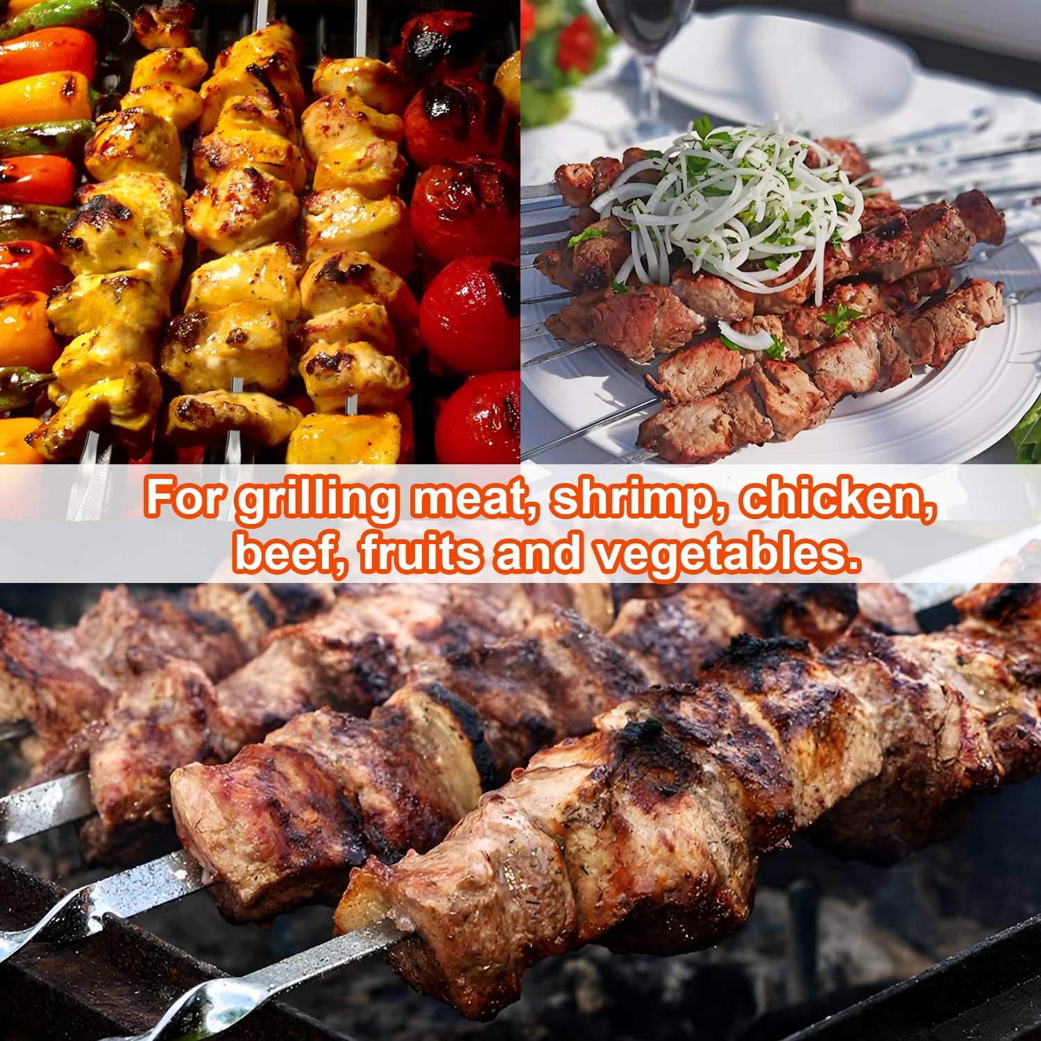 SHIKORI Brochetas de acero inoxidable de 17 pulgadas para parrilla, pinchos de brocheta, pinchos planos para barbacoa, juego de pinchos para parrilla, reutilizables, 10 piezas