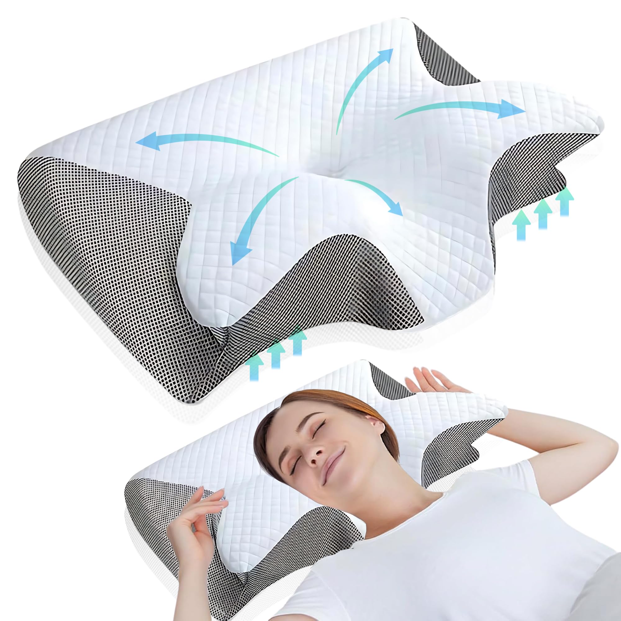 GreatDreams® Almohada Ortopedica Cervicales y Cuello - Almohada Antironquido Ergonómica con Espuma de Memoria - Butterfly Pillow para Dormir de Lado - Alivia Dolor de Cuello y Espalda.