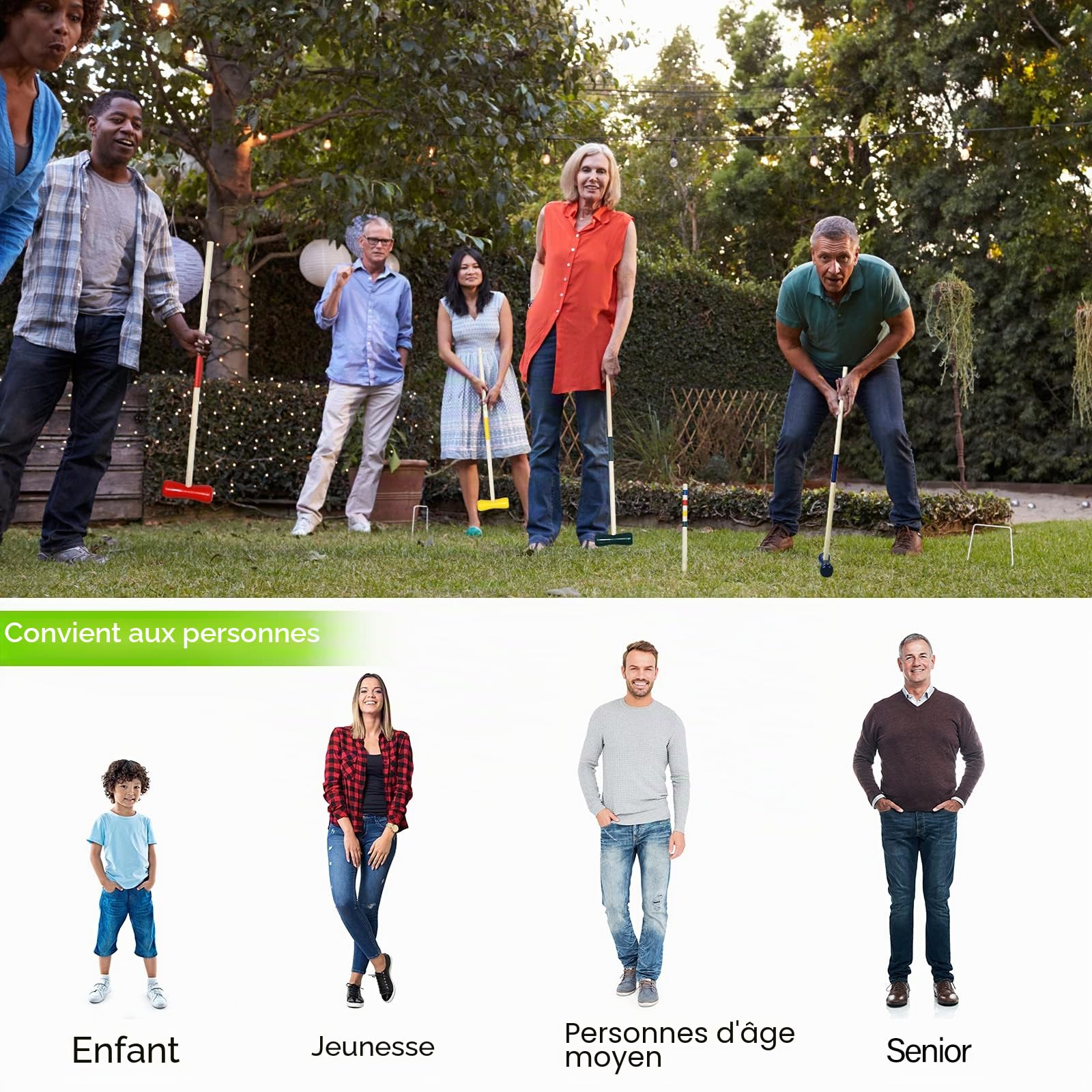 YRHome Jeu de Croquet d'Extérieur en Bois - Jouet Traditionnel pour 4 Joueurs - Enfants et Adultes - Avec Piquets, Maillets, Balles, Wickets