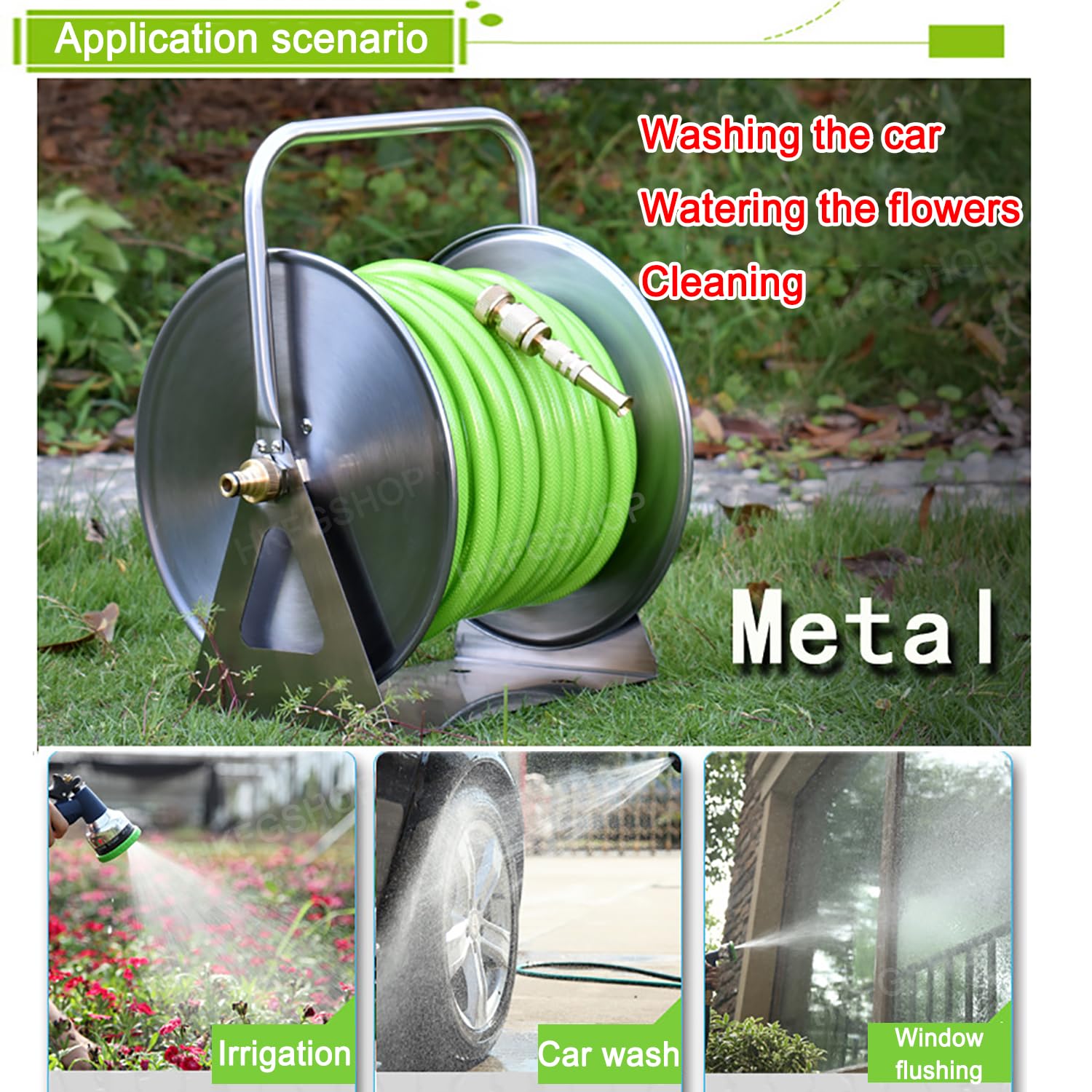 Carrete De Manguera De Jardín De Acero Inoxidable, Carrete De Manguera Metálico Profesional, Con Manguera De 2 M, Capacidad Para Manguera De 3/4 De Pulgada, Para Uso En Patio, Jardín, Granja Y