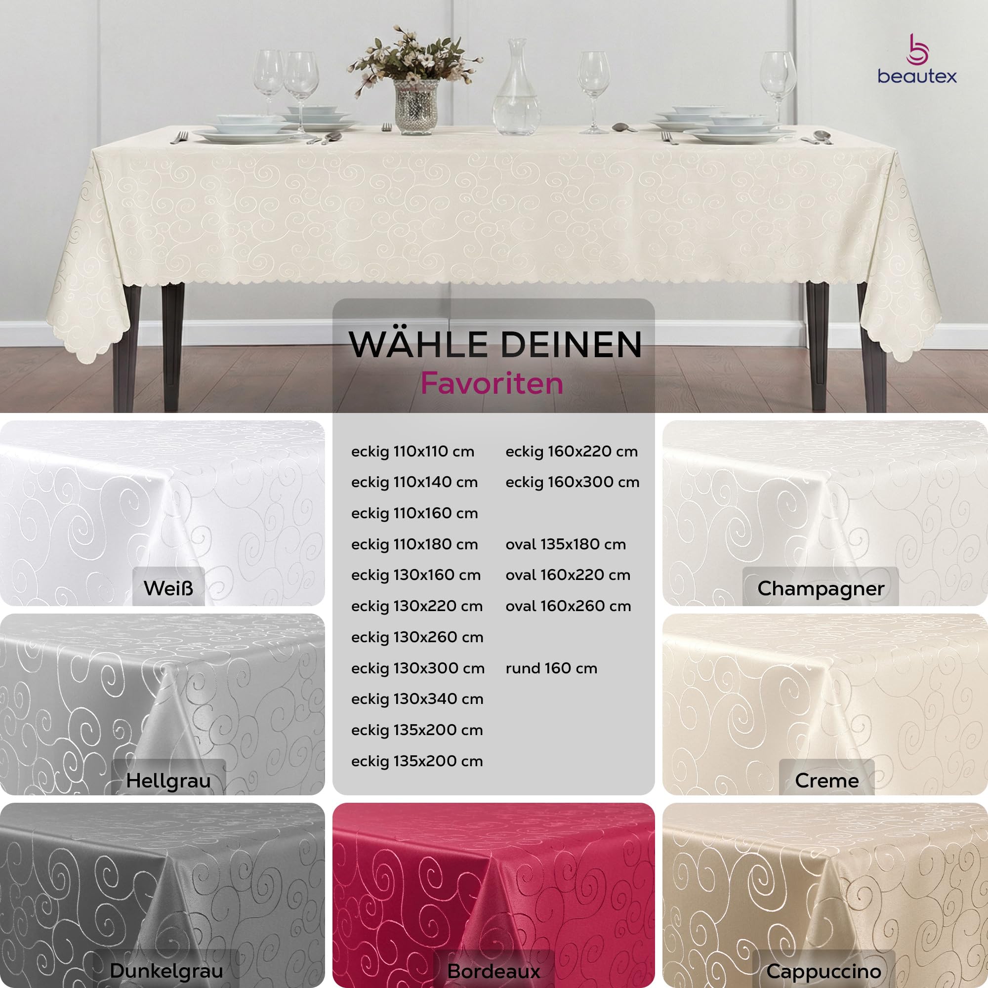 BEAUTEX Damast Tischdecke Ornamente eckig 160x300 Champagner bügelfrei edel | fleckenabweisend, Lotuseffekt, formstabil, strapazierfähig, eleganter Glanz, hochwertige Tischwäsche für Alltag und Anlass