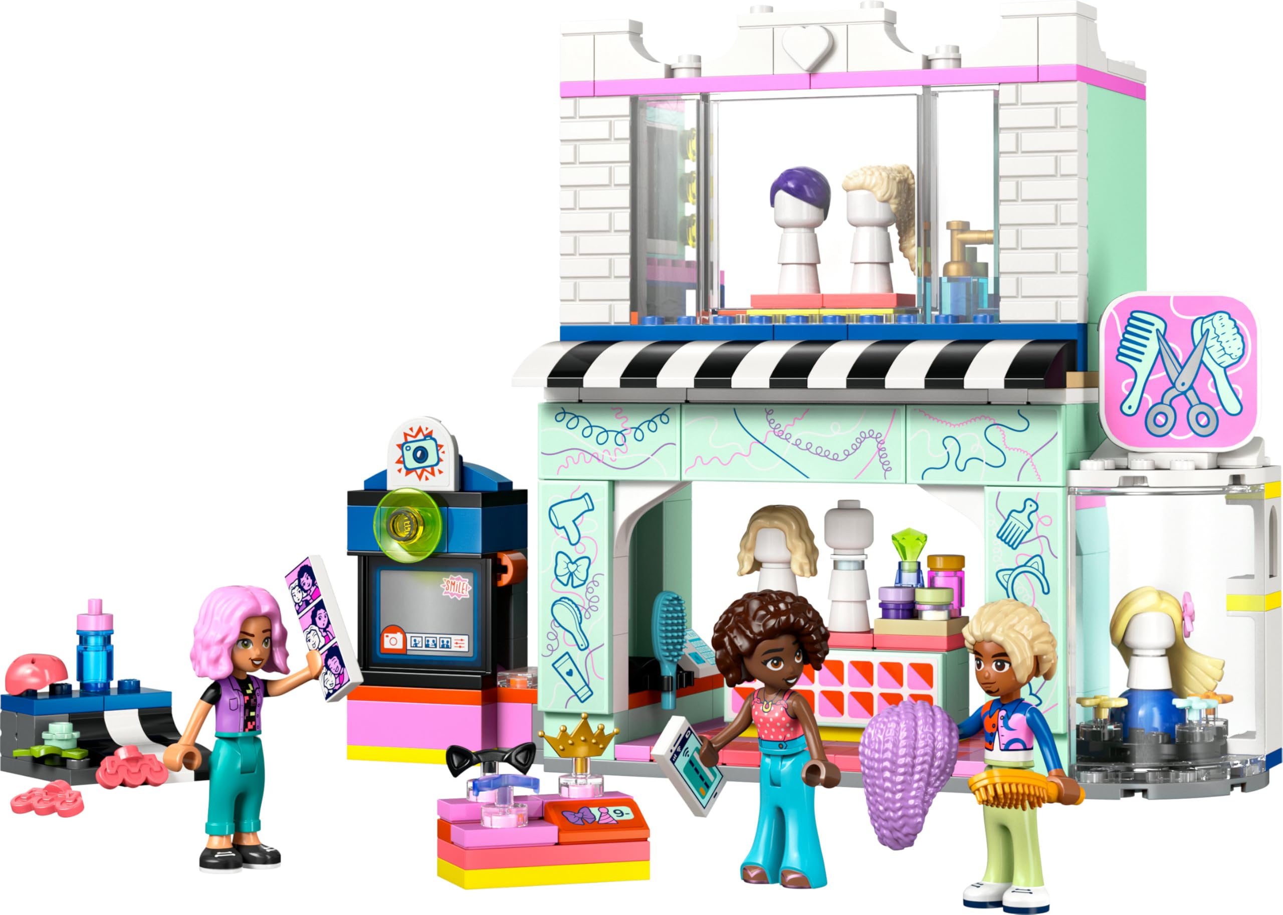 LEGO Friends Peluquería y Tienda de Complementos, Secador y Pelucas de Juguete, Juegos de Peinados, Regalo para Niñas de 7 Años o Más, 3 Mini Muñecos para el Juego de rol 42662
