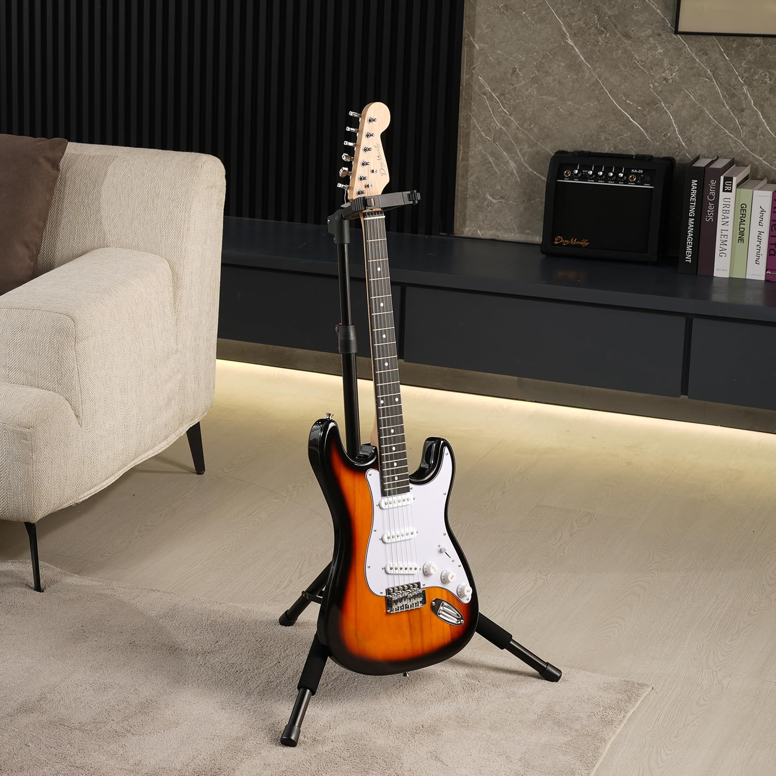 VEVOR Dreibein-Gitarrenständer, 15 kg Tragfähigkeit, zusammenklappbares Gitarrenstativ, höhenverstellbar von 900 bis 1200 mm, für Gitarre, Akustik, Elektro, klassischer Bass, 600 x 450 x 1185 mm