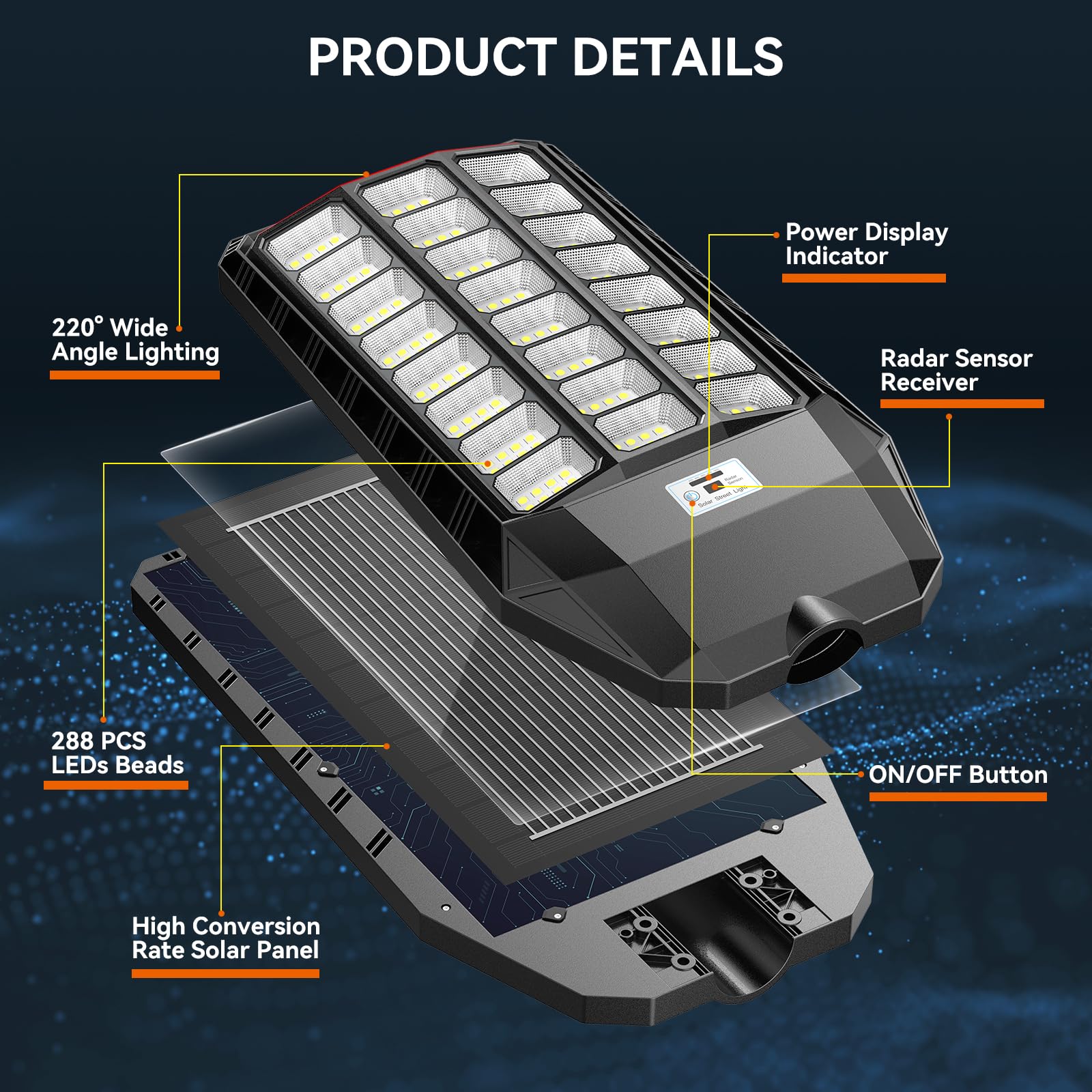 2100W Lampione Solare LED Esterno 288 PRO LED Luminosi Lampioni Solari a Led da Esterno Alta Efficienza 30%, 4 modalità Lampione Solare grandangolo 240° Impermeabilità IP66, per Garage Strada