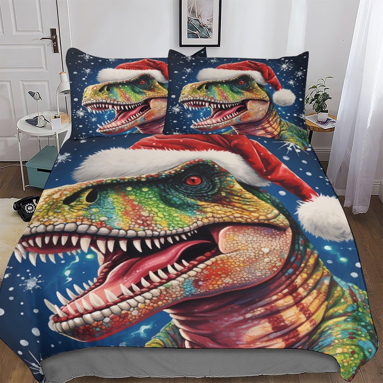 Christmas Dinosaur Printed Duvet Cover Set for Boys Girls Kids Teens Bedding Soft Microfiber Bedspread Quilt Covers with Pillowcase Single(135x200cm)