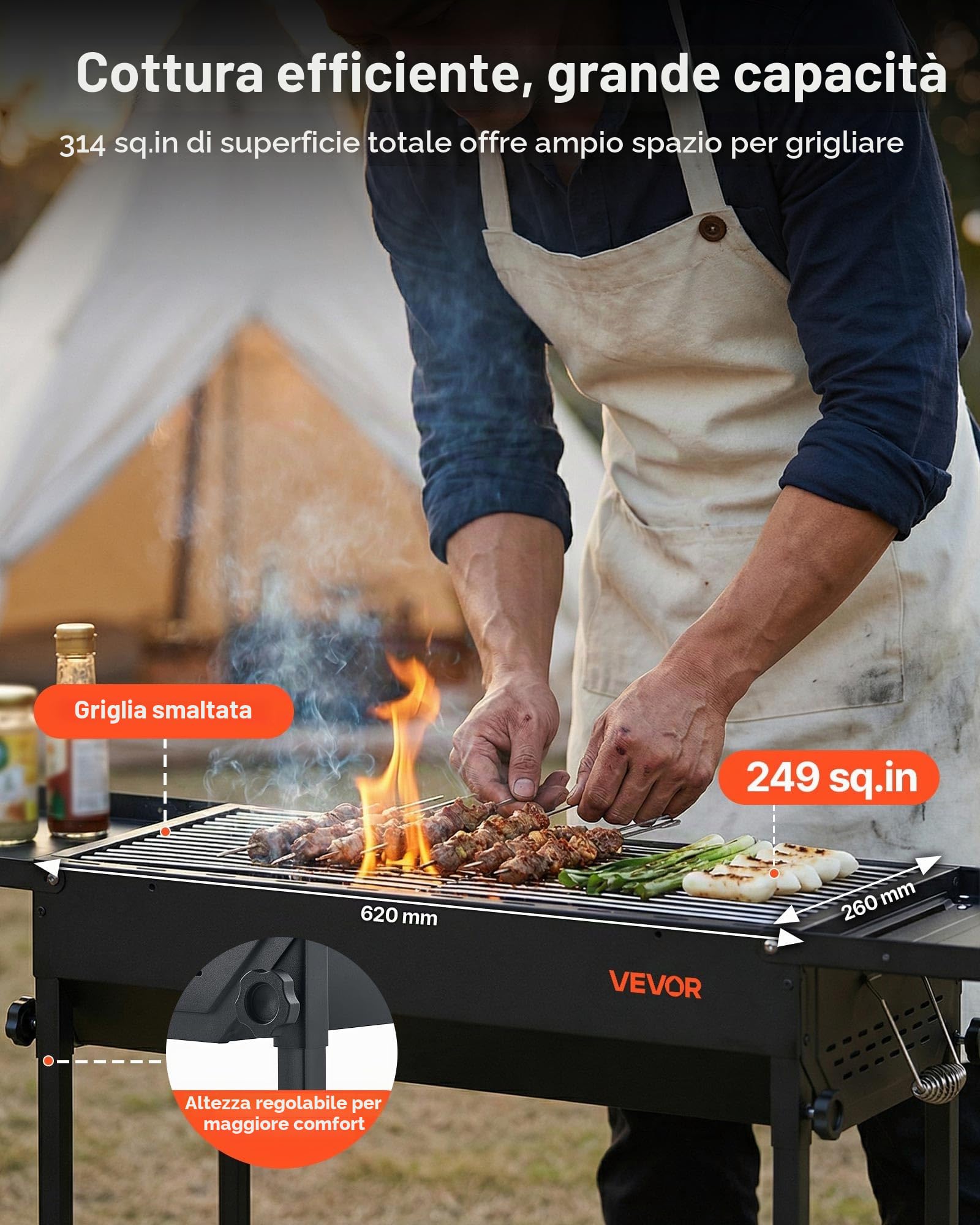 VEVOR Griglia per Barbecue a Carbonella Pieghevole, Barbecue Portatile Altezza Regolabile con Ripiani Laterali per Spezie Salsa, Griglia a Carbone BBQ da Campeggio Picnic Feste da Esterno Giardino