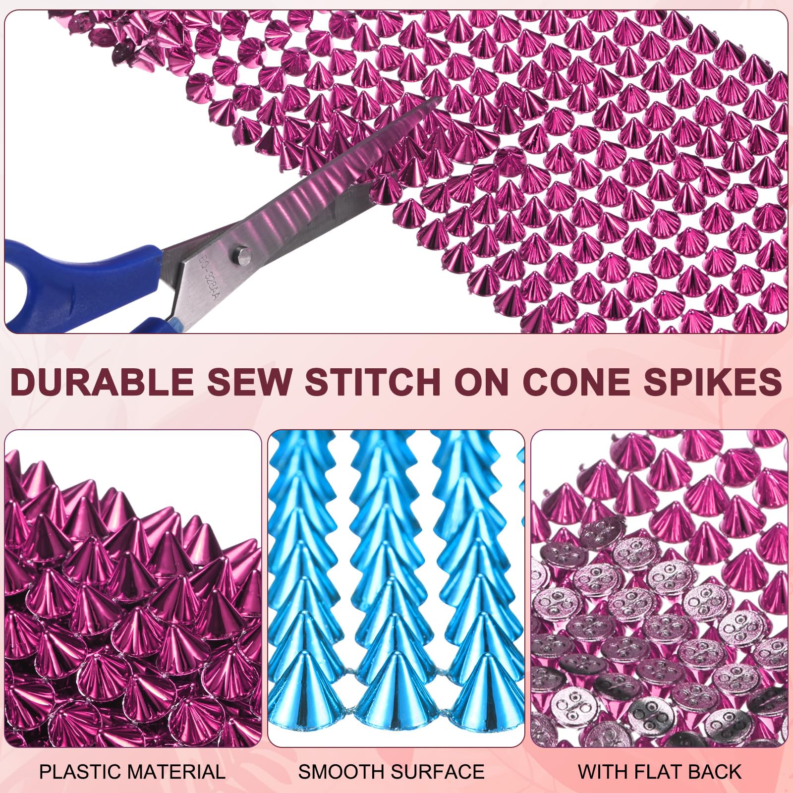 M METERXITY 0.5 Yard Sew Stitch on Spikes Stud Cone 12Rows Plastic Rose - Image 2