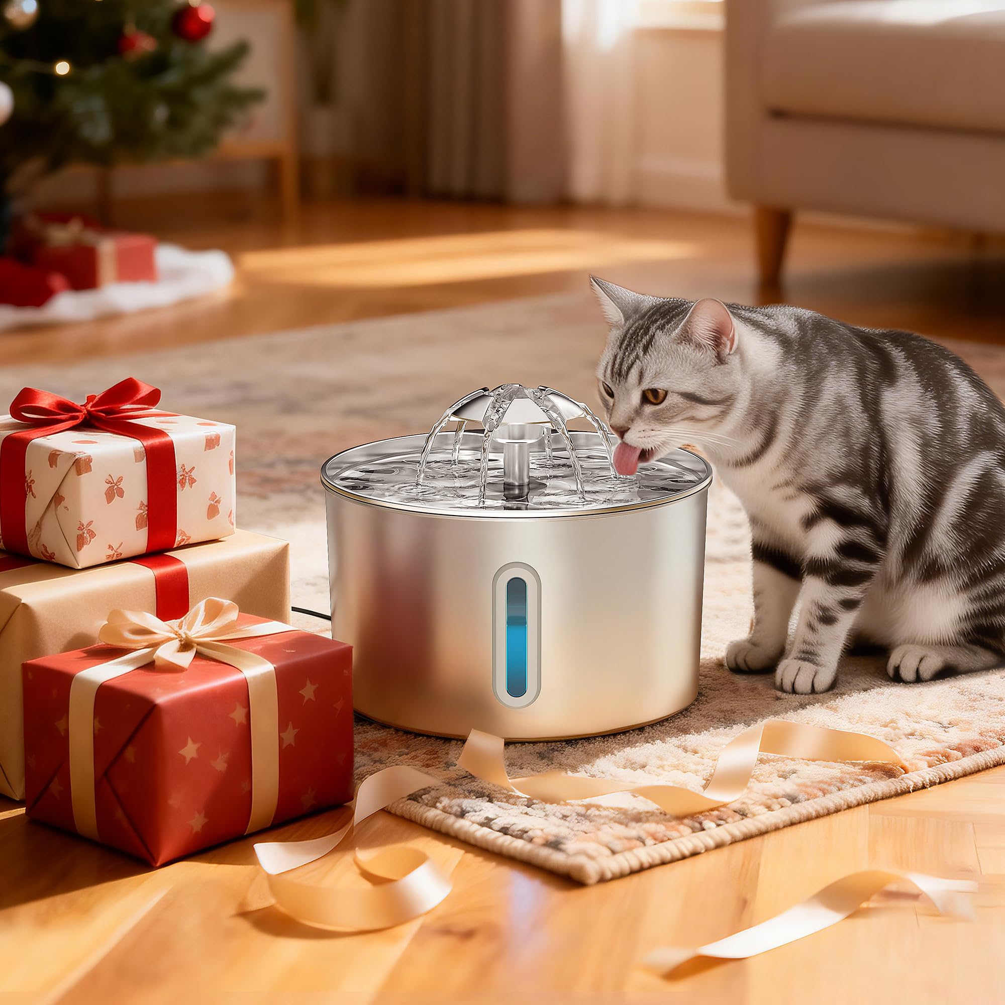 Cat Water Fountain Stainless Steel - 74oz/2.2L Pet Gift Dog Water Dispenser Automatic Silent Cats Dispenser for Drinking Indoor Metal Kitty Spout Fountains with 3 Filters & 3 Sponges Cat Dogs Gifts - 5