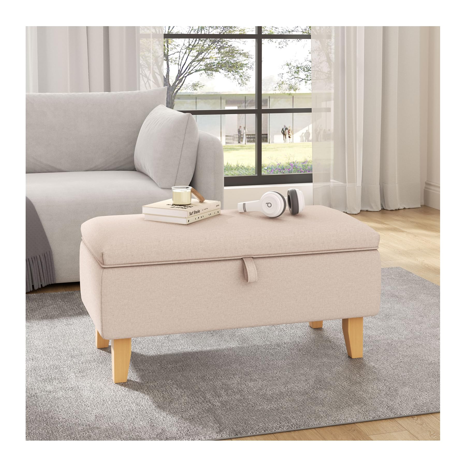 INMOZATA Linen Footstool with Storage Upholstered Ottoman Footstool Storage Stool Change Shoe Footrest with Wooden Legs for Living Room Bedroom (Beige)