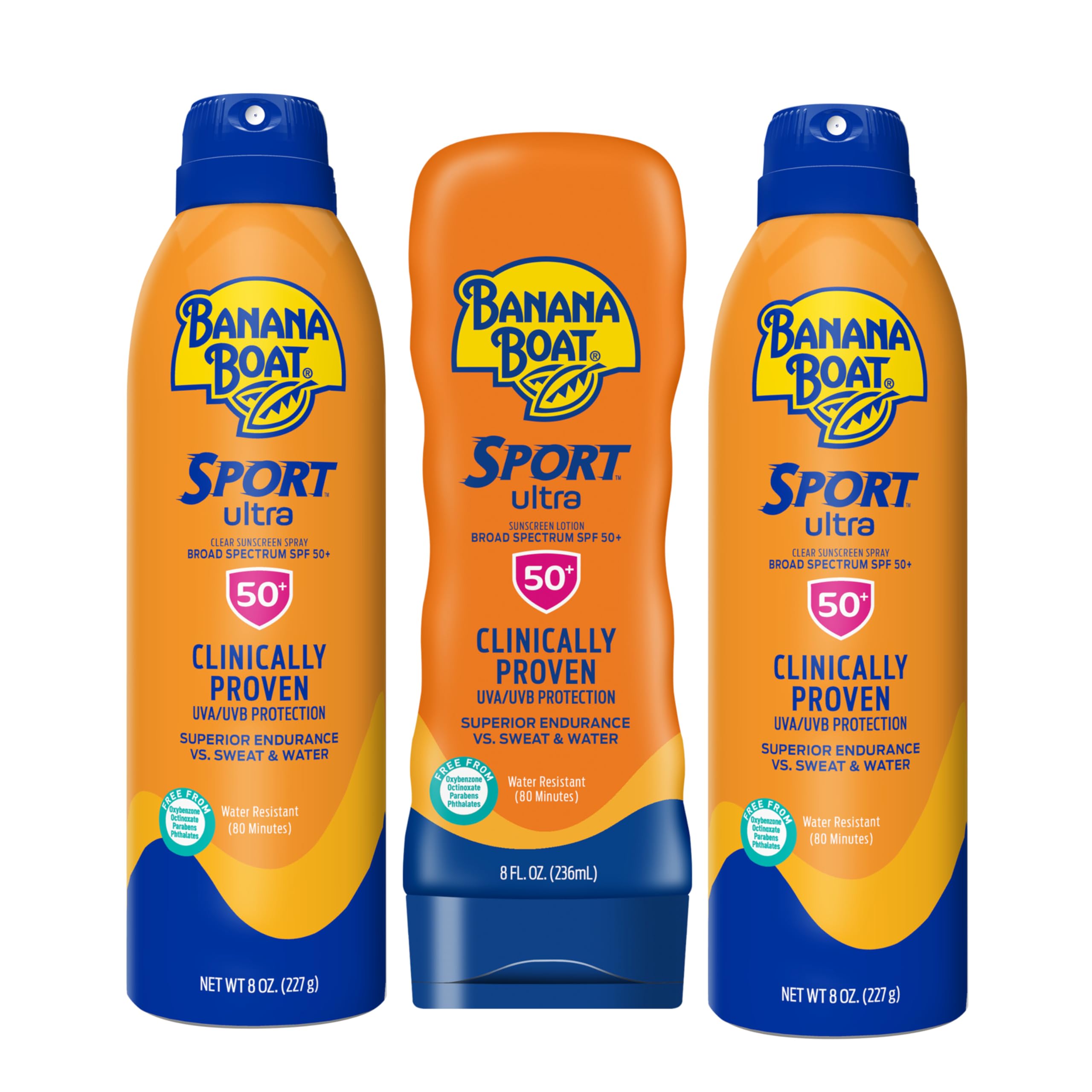 Banana Boat Sport Ultra SPF 50 Sunscreen Triple Pack | Includes 2 Sunscreen Sprays & 1 Lotion SPF 50, Sunblock, Water Resistant, Oxybenzone-Free, 8oz
