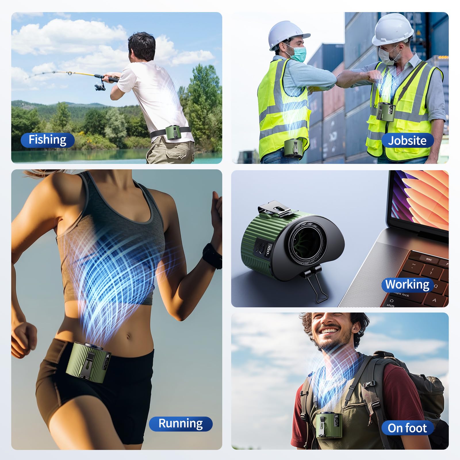 Ventilador portátil, ventilador de cintura recargable, mini ventilador de cinturón de flujo de aire fuerte de 11000 RPM, 5 velocidades, ventiladores de cintura con clip personal para 7