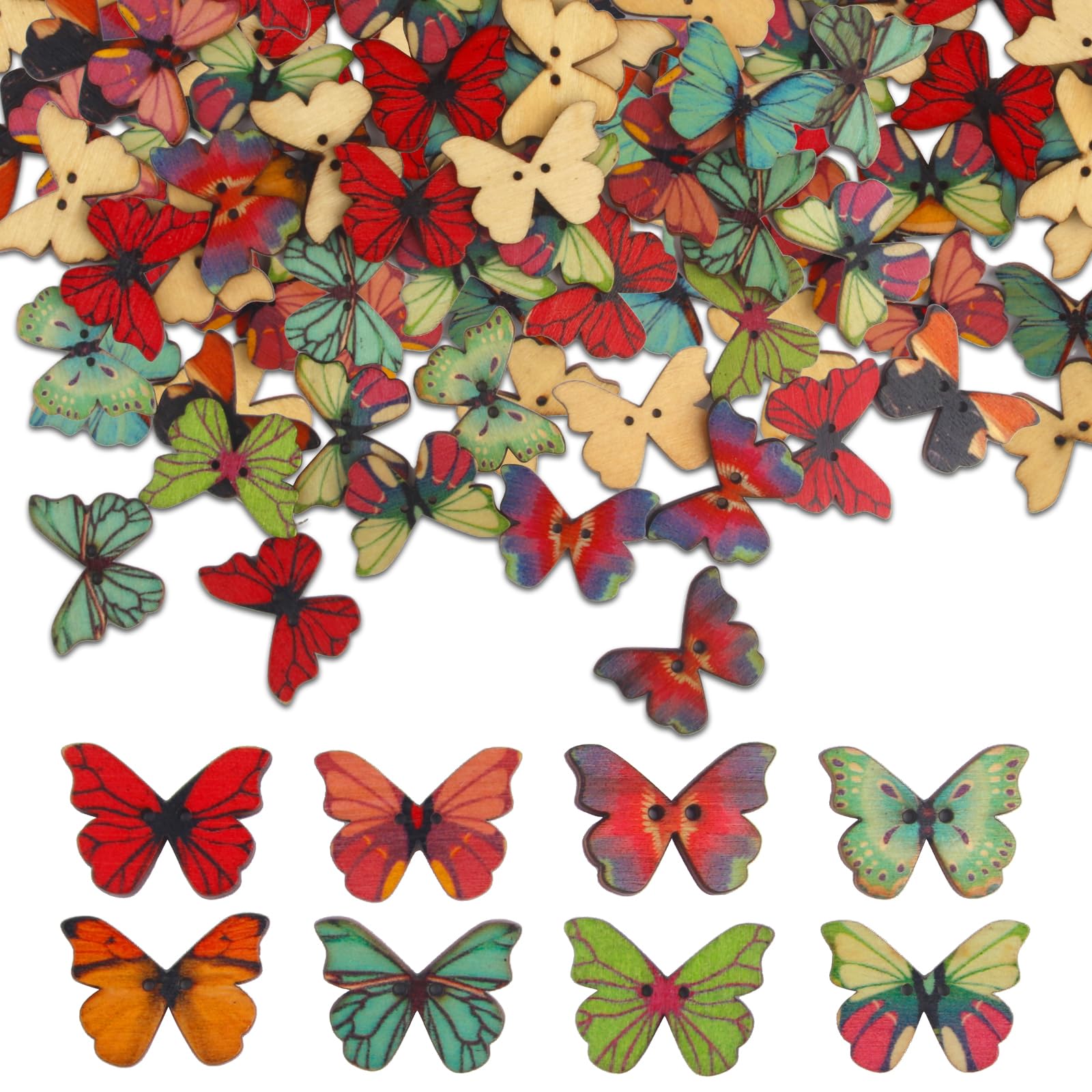 50PCS Mixed Butterfly Wooden Buttons, Colorful Wood Button/Wooden Vintage Pattern Round Buttons for DIY Sewing&Wood Craft Clothes Accessories