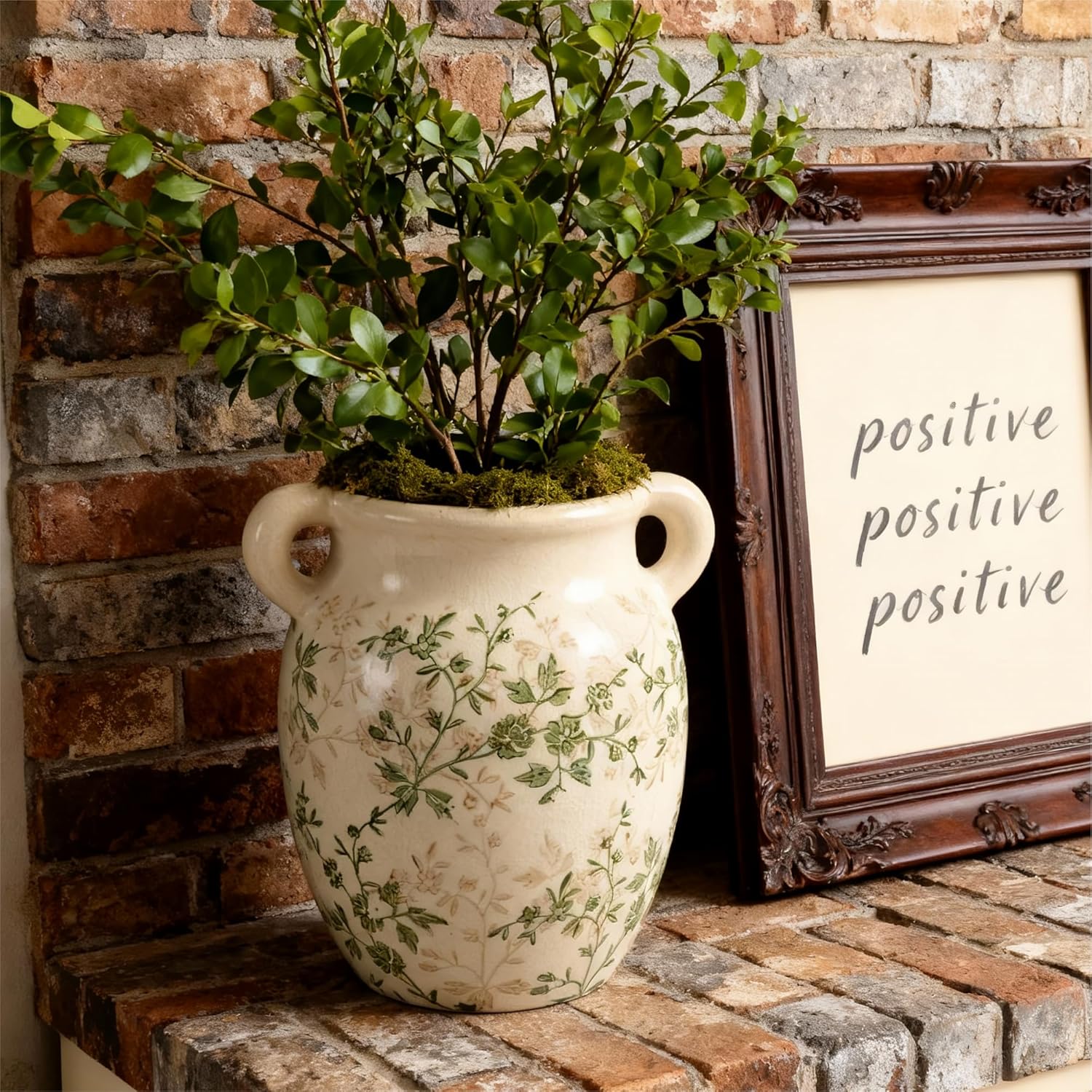 Beige & Green Vase 7” Vintage Ice Crackle Chinoiserie Ceramic Pitcher with Double Handle Rustic Hydroponic Flower Vase Home Decor (Green, 7.48X4.92) Green 7.48X4.92