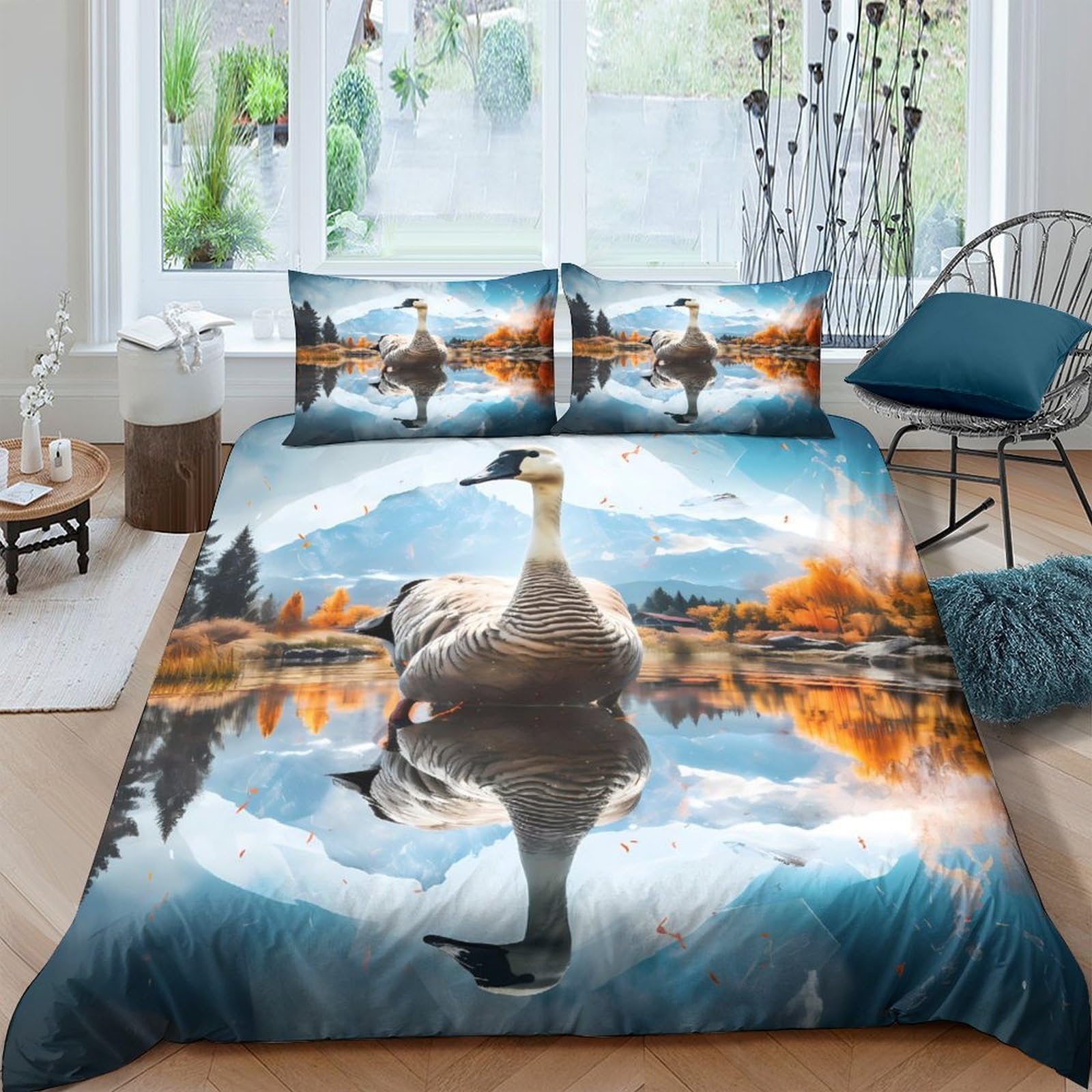 Ctjqhvkz Style-10 3D Printed Lake Reflection Goose Fitted Sheet Microfiber Soft Autumn Mountain Mattress Cover Bedroom Decor Single（135X200cm）
