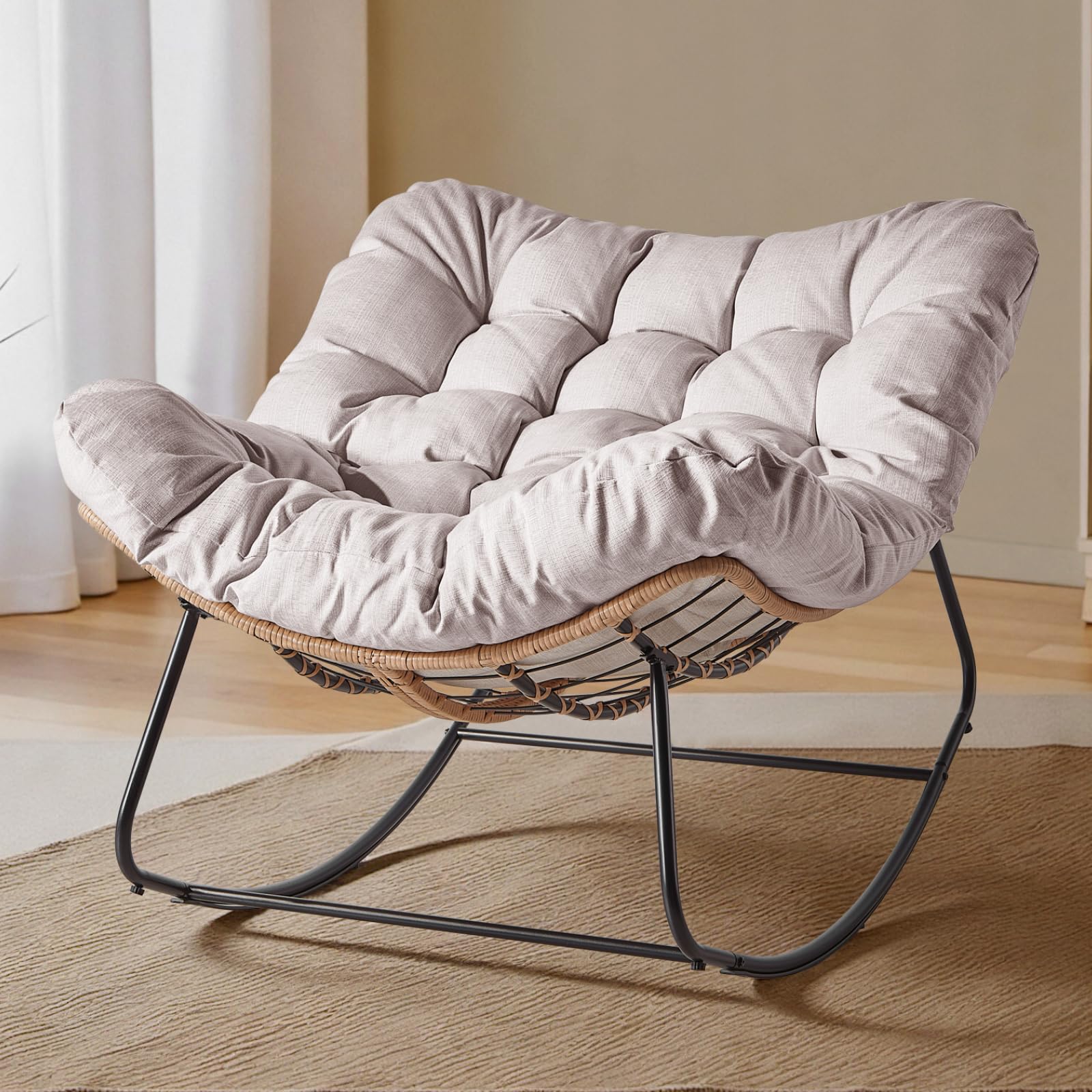 PAZDQ Outdoor Rocking Chair, Oversized Patio Papasan Wicker Chair with Cushion Indoor Egg Chair for Bedroom, Living Room, Porch, Garden, Lawn (Beige)