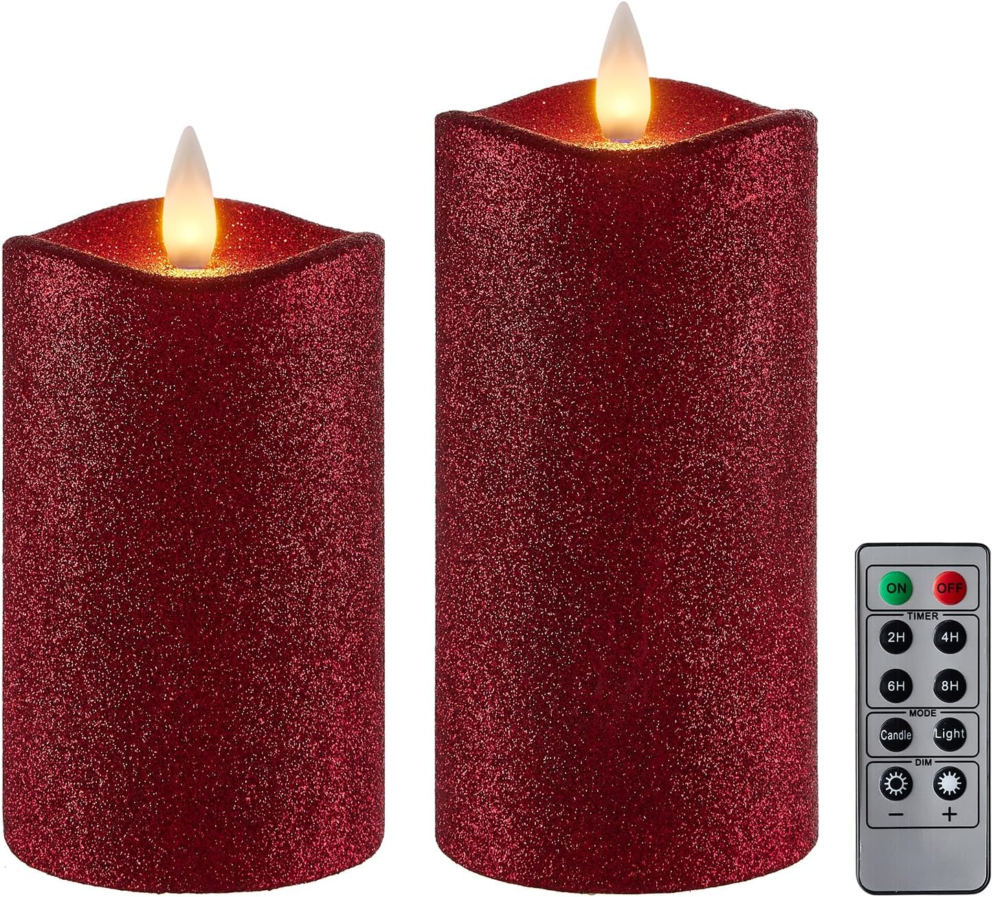 Flameless Pillar Candles Flickering with Remote Timer, Battery Operated LED 3D Moving Flame Real Wax Candles, Set of 2 (D3” x H5” & 6”), Glitter-Red.