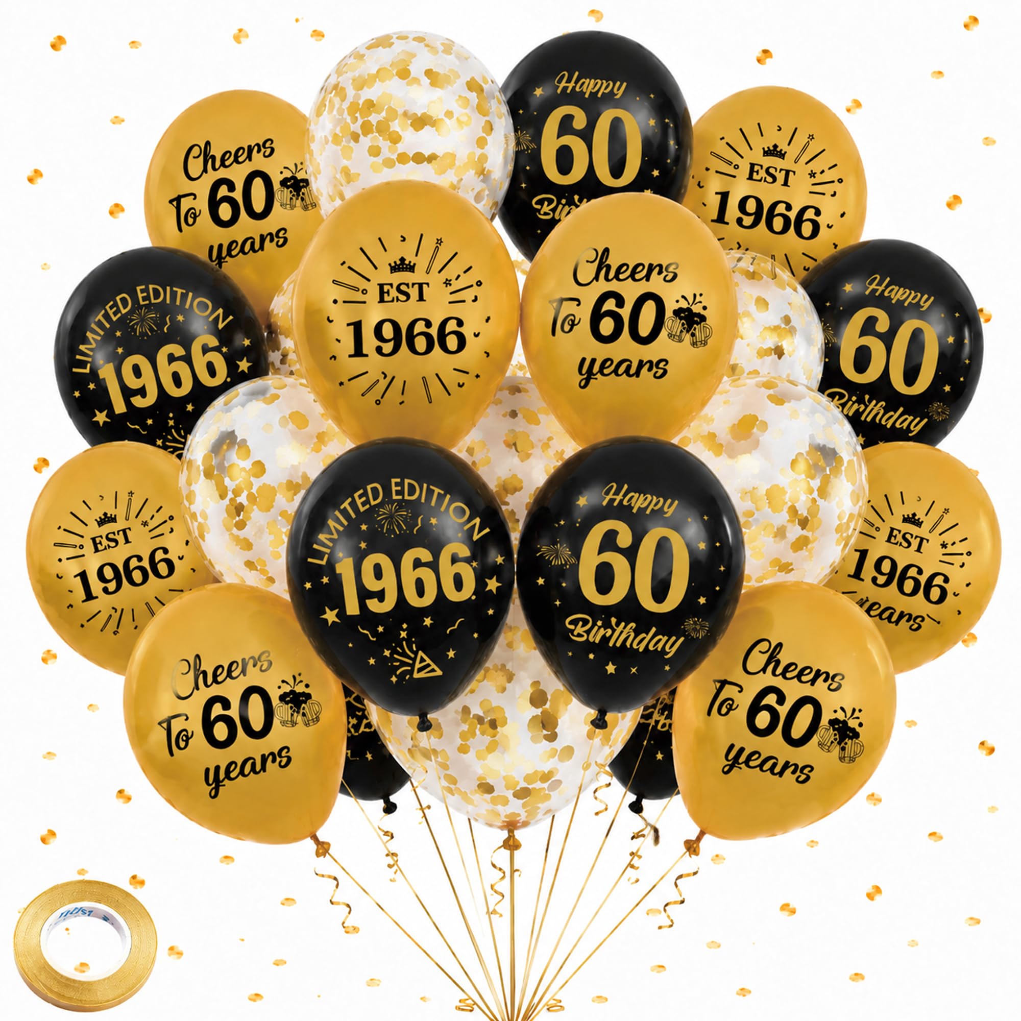 60th Birthday Decorations Balloons Women - 40 Pcs Black and Gold Happy Birthday Limited Edition 1966 Cheers to 60 Years Sequins Balloon with Ribbon for 60 Years Old Men Party Celebration Decor