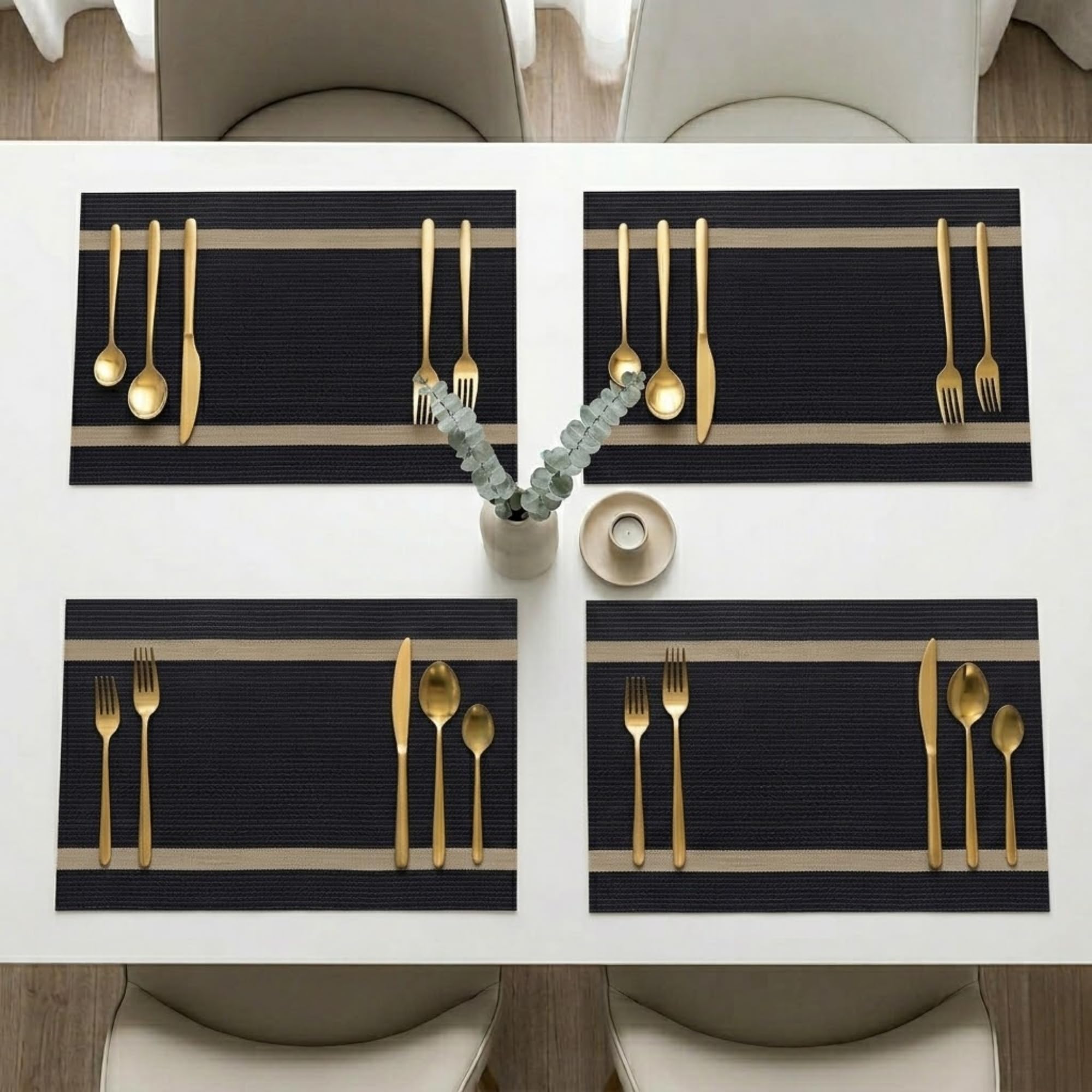 daiDokoro Rectangular Crossweave Woven PVC Vinyl Non-Slip Insulation Heat-Resistant & Waterproof Stain Resistant Washable Placemat for Dining & Kitchen Table-(Black & Beige,Set of 4)