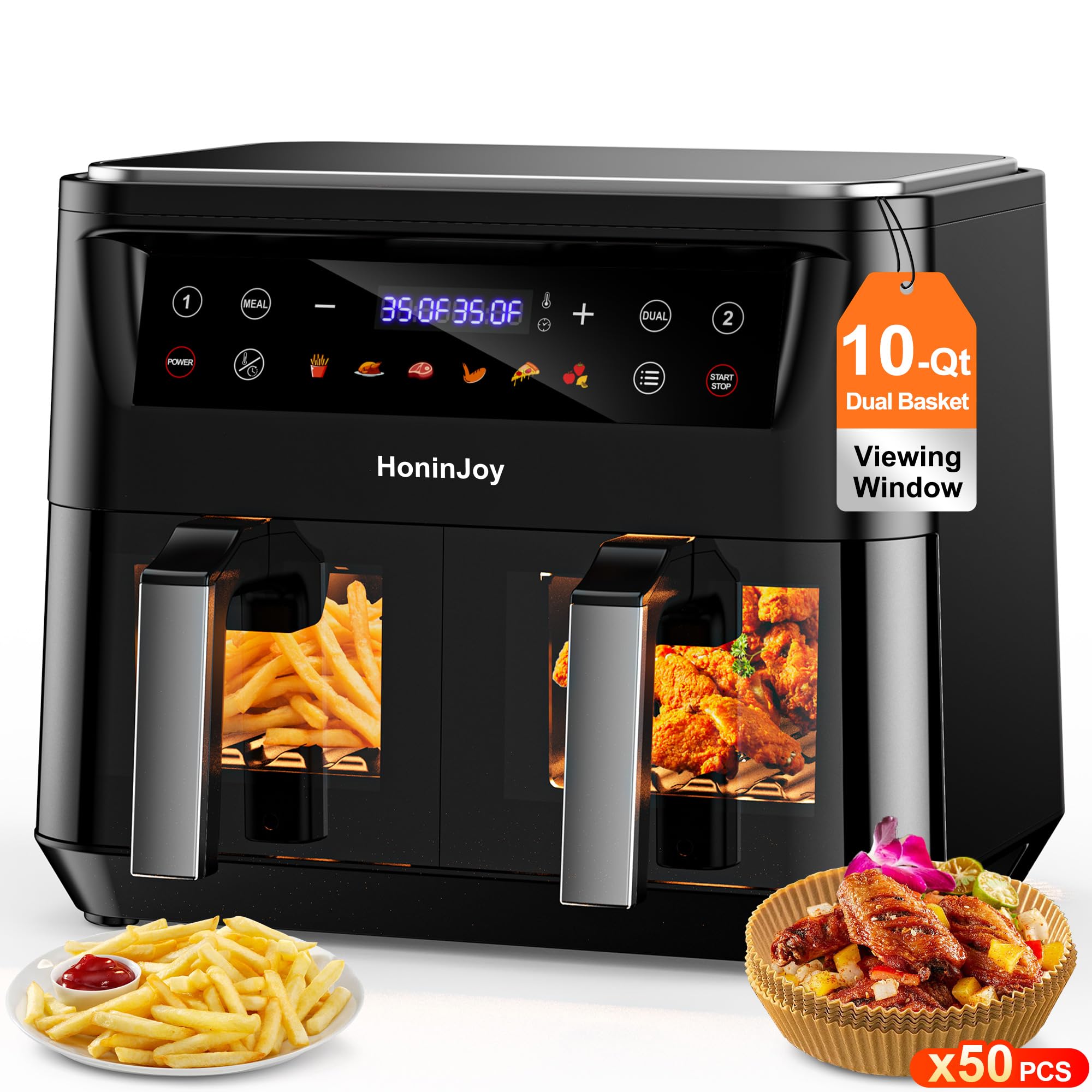 HoninJoy 10QT Large Dual Basket Air Fryer with Viewing Window and 50pcs Paper Liners, 10-in-1 Digital Touchscreen Double Zone Air Fryers, SyncCook to Bake,Roast,Reheat,Broil, Nonstick Dishwasher Safe