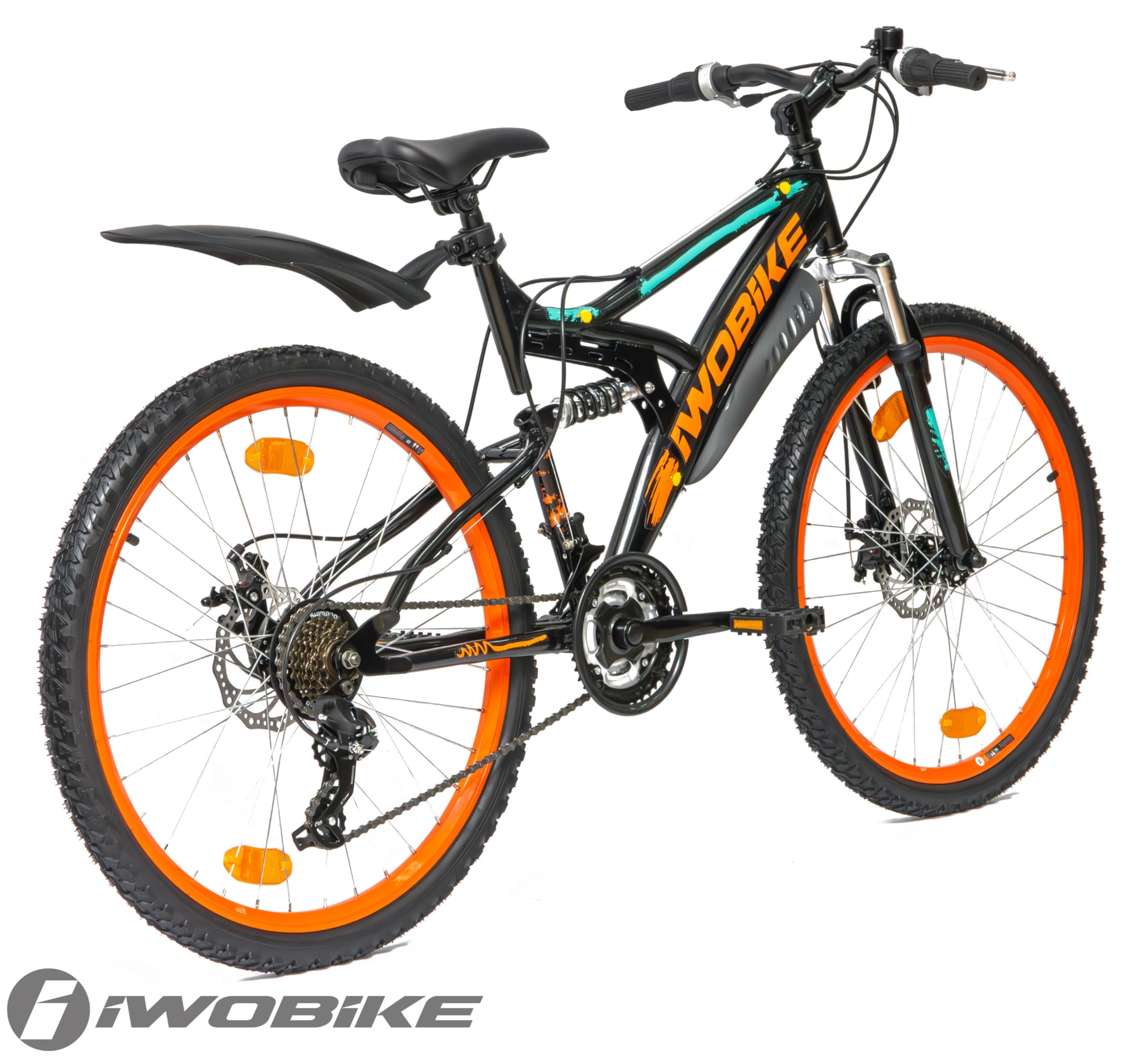 Rower Górski MTB, 26 Cali, Uniseks, 21 Biegów, Rama Stalowa 17,5" | Rower Górski MTB, 26 Cali, Uniseks, 21 Biegów, Rama Stalowa 17,5", Full Amortyzacja, Hamulce Tarczowe, Czarny z Pomarańczowym