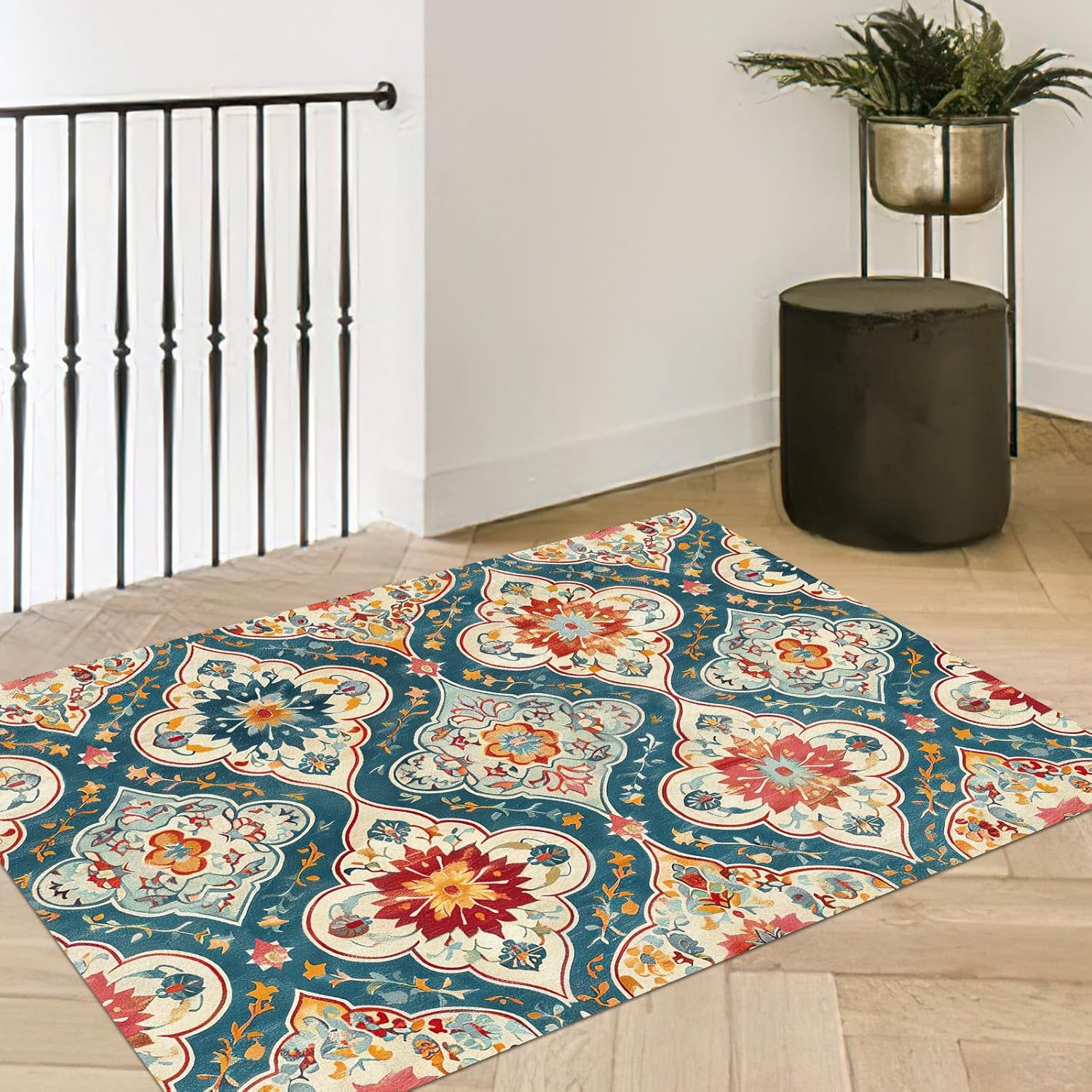 Boho Flower Washable Area Rug 5 x 7 Ft, Vintage Bohemia Floral Soft Non Slip Large Rugs Indoor Home Decor, Retro Entryway Floor Carpet Living Room Bedroom Kitchen Dining Room Decoration