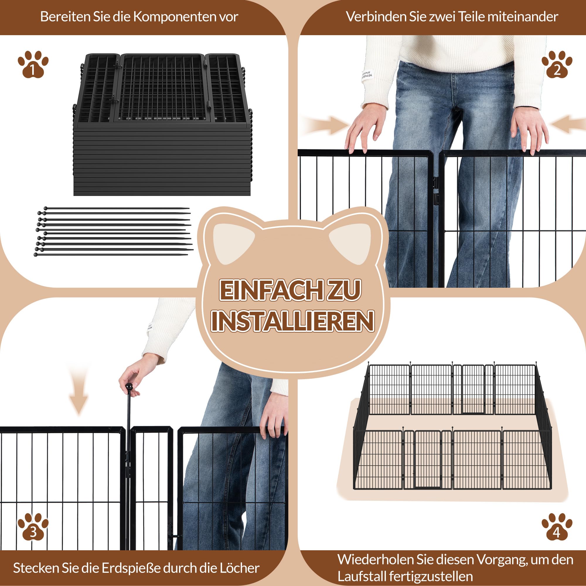 Welpenauslauf, Metall Welpenlaufstall, 100 cm Hoch, Faltbares Freilaufgehege mit Tür, für Innen und Außen, Tierlaufstall, Laufstall DIY, 8 Gitterplatten mit 2 Türschlössern, Schwarz