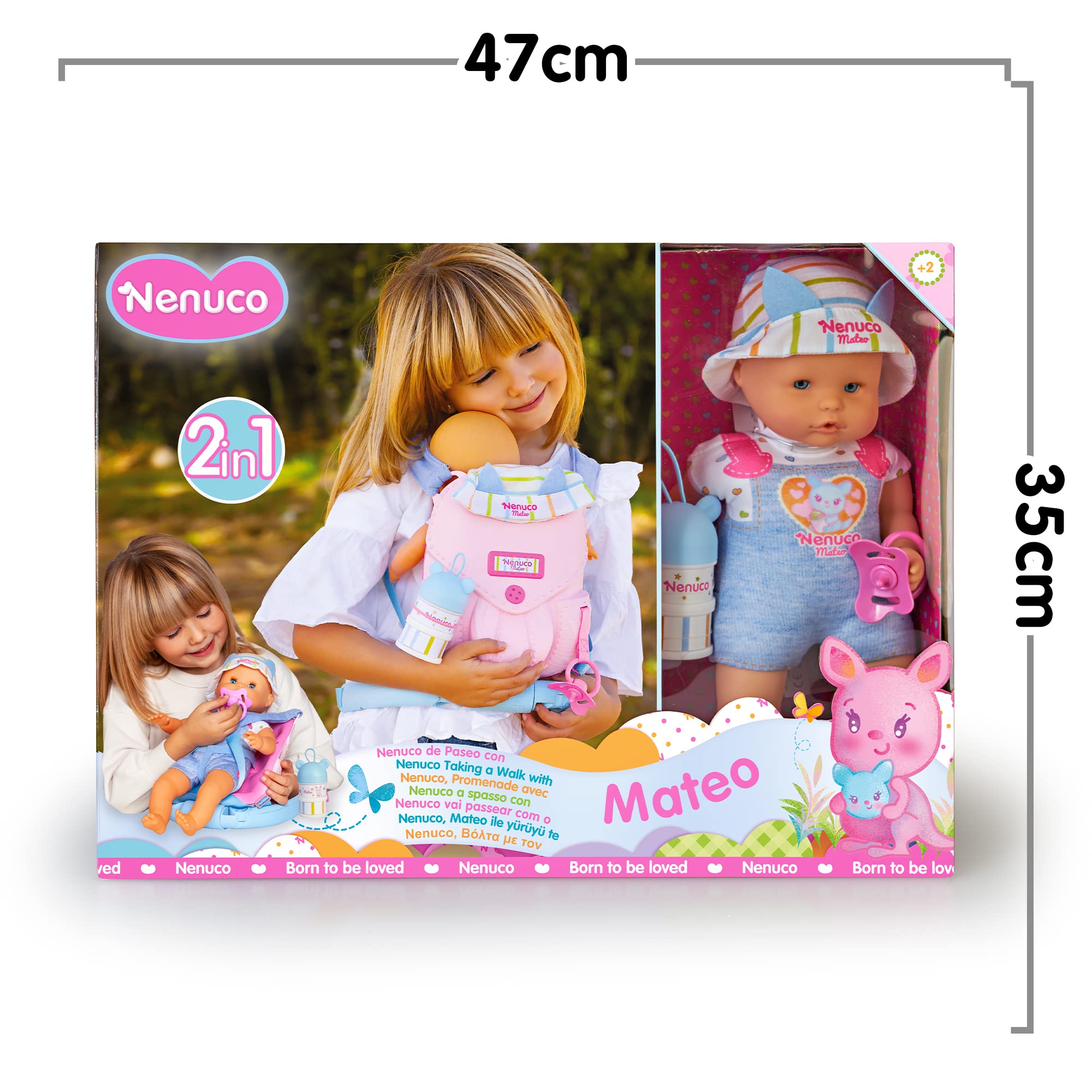 Nenuco - A passeggio con Mateo, bambola corpo morbido 35 cm, con zainetto porta bebè 2 in 1 che si trasforma in sedia, con accessori, per bambine/i dai 2 anni,Famosa 700017206