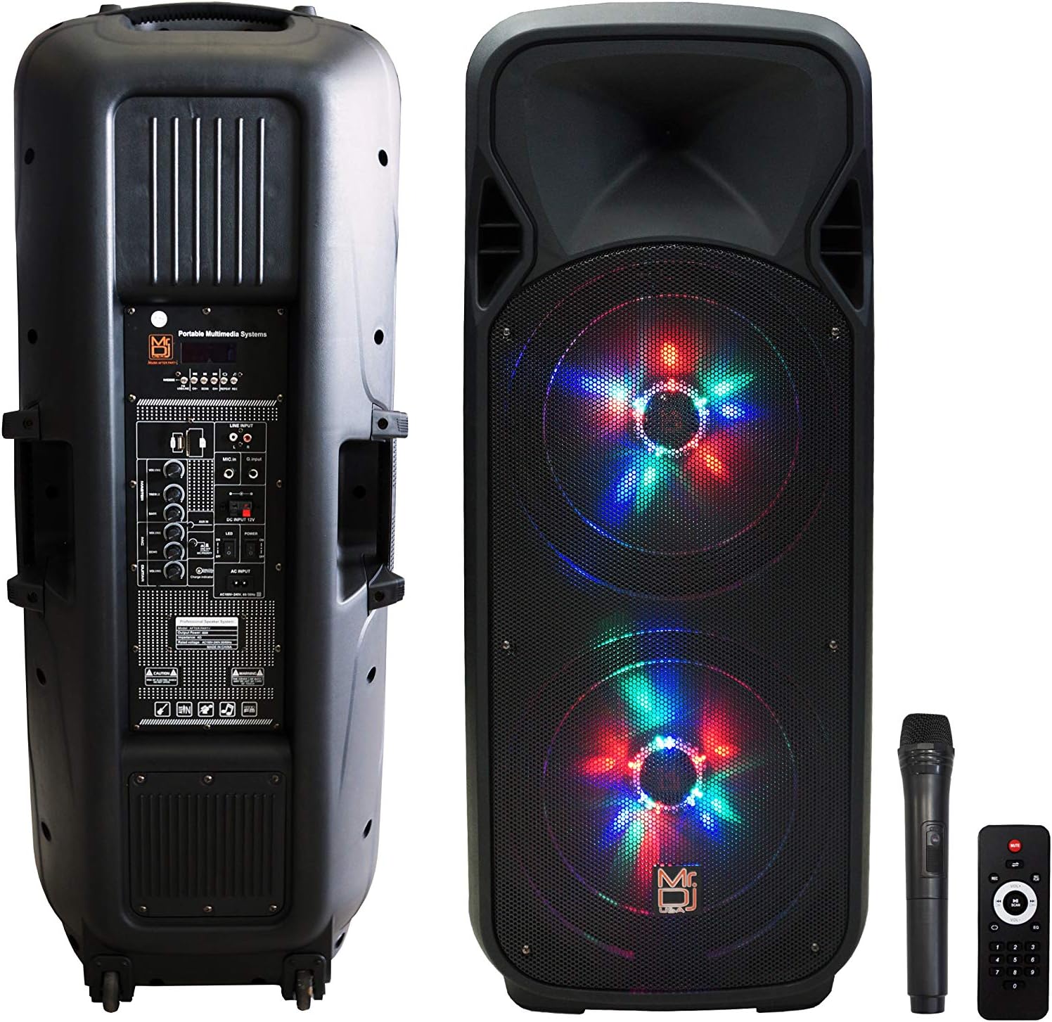Mr. Dj AFTER PARTY Dual 15" 5000 Watt Max Power Speaker with Built-in Bluetooth & Battery LCD/MP3/USB/SD Slot