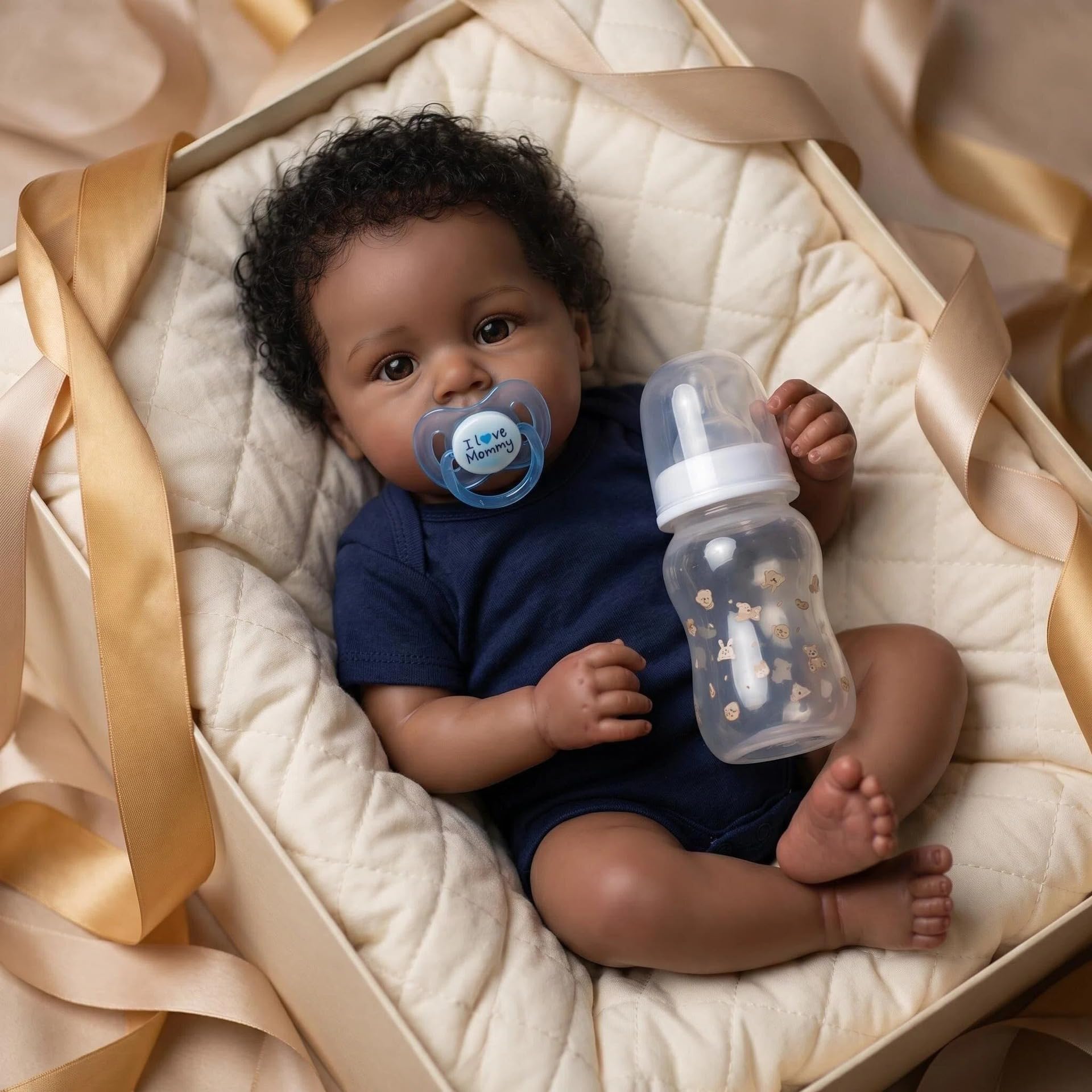 iCradle Reborn-Puppen, 43 cm, Reborn-Babypuppe, dunkle Haut, realistische Babypuppe, echte Babys mit handverwurzeltem schwarzem Haar, für Kinder ab 3 Jahren