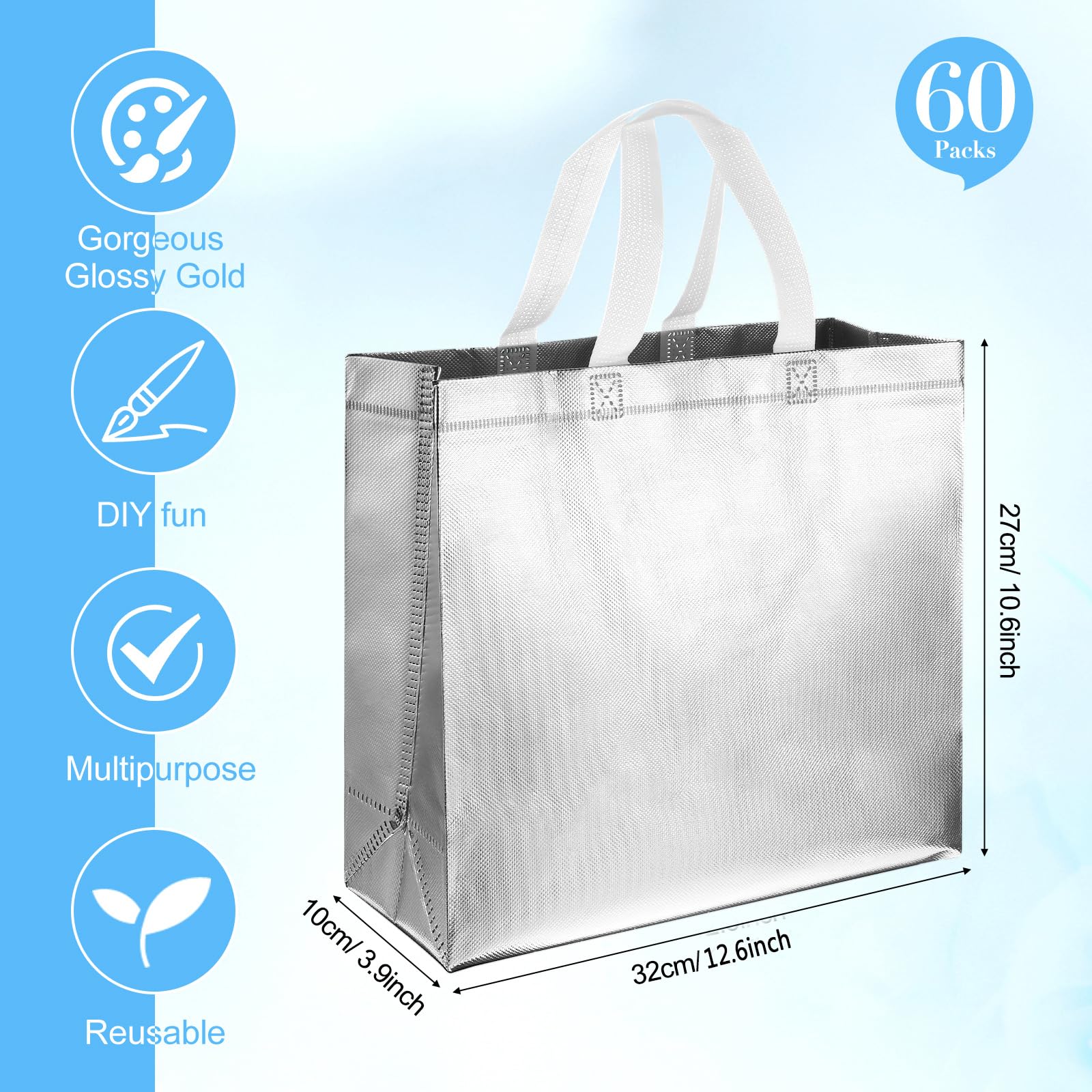 Eccliy 60 Pcs Reusable Gift Tote Bags Housekeeping Appreation Grocery Shopping Bag with Handles for Bridesmaid Wedding(Silver)