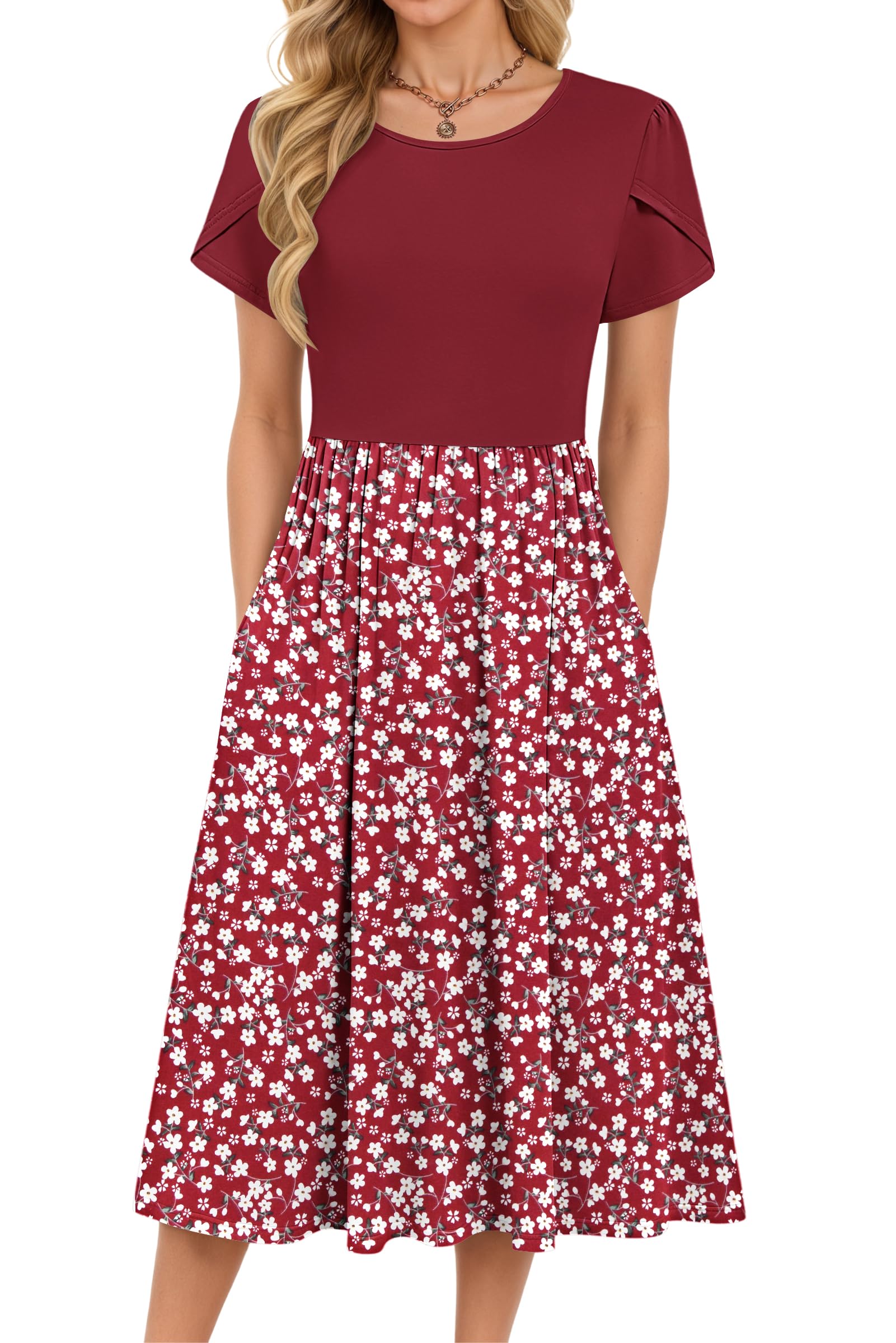 MOLERANI Damen Sommerkleider Knielang Rundhals Blumenmuster Freizeitkleid Elegant Kleider Loose Swing Damenkleid Casual Midikleid mit Taschen Rote Blume XL