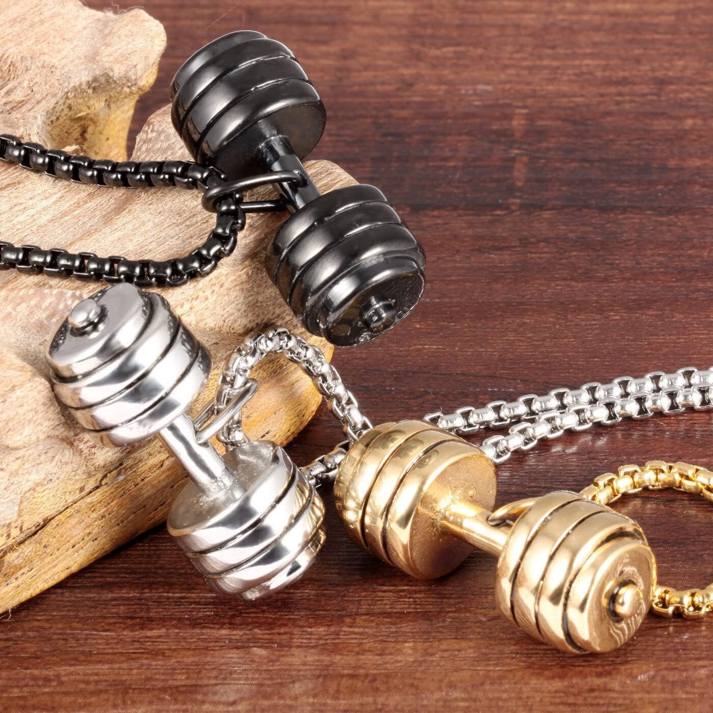 Mens Stainless Steel Barbell Gym Weight Lifting Dumbbell Necklace Pendant