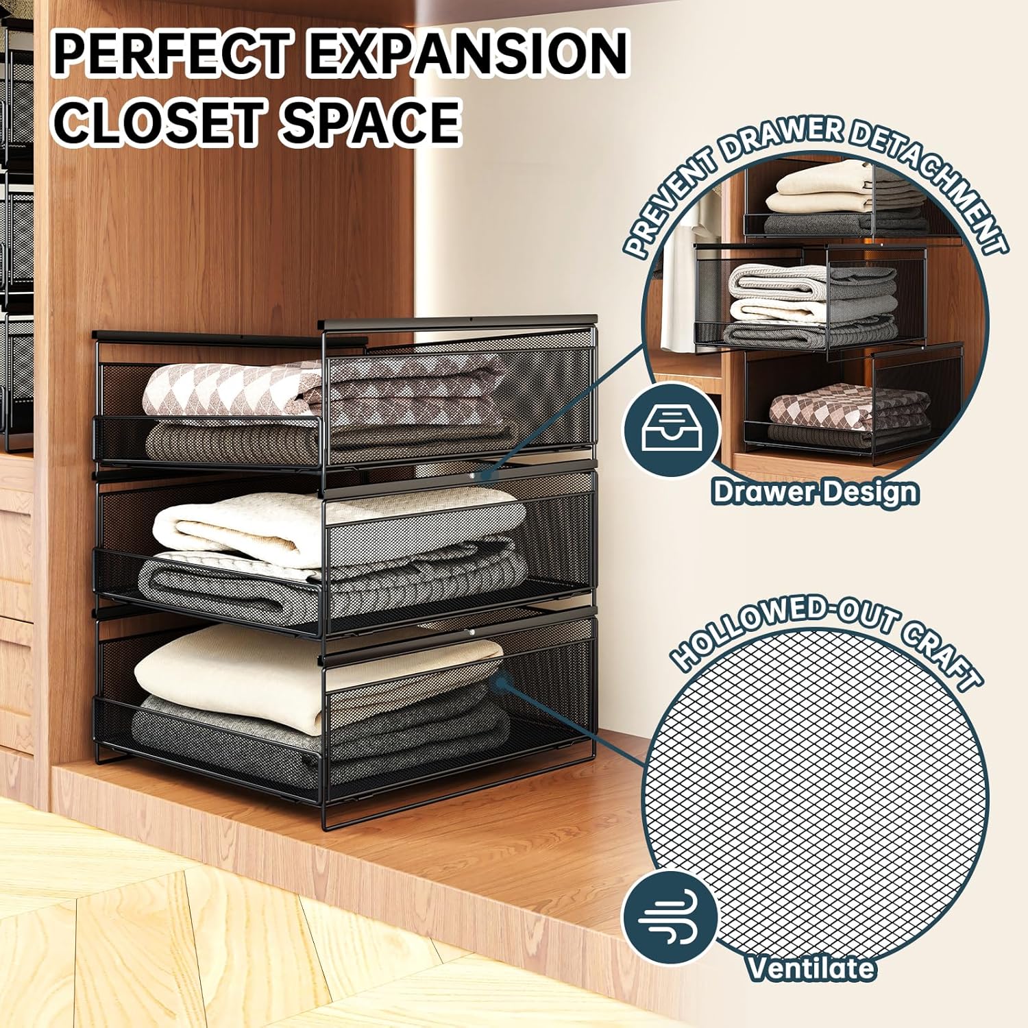 New 3-Tier Stackable Metal Closet Organizers and Storage Drawers, Open Front Storage Bins for Wardrobe, RV, Sweater, Jeans, Black(3*L 12.2"*W16.5"*H28.7")