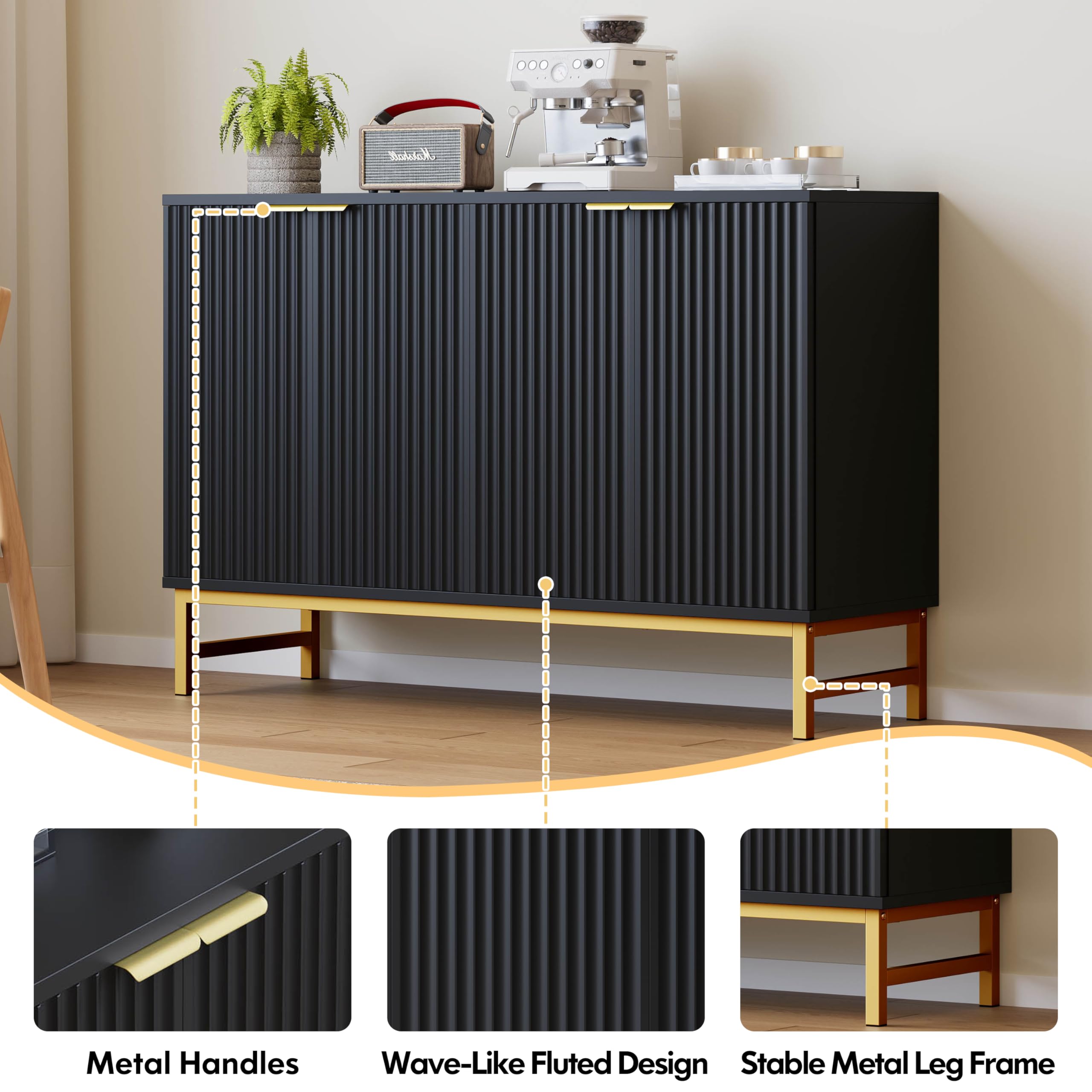 Luoxiao 120 cm Sideboard Buffetschrank mit 4 Türen Holz Kommode Modern Küchenschrank mit Metallbeine Schrank für Wohnzimmer, Esszimmer, Küche, Flur, Büro, Schwarz