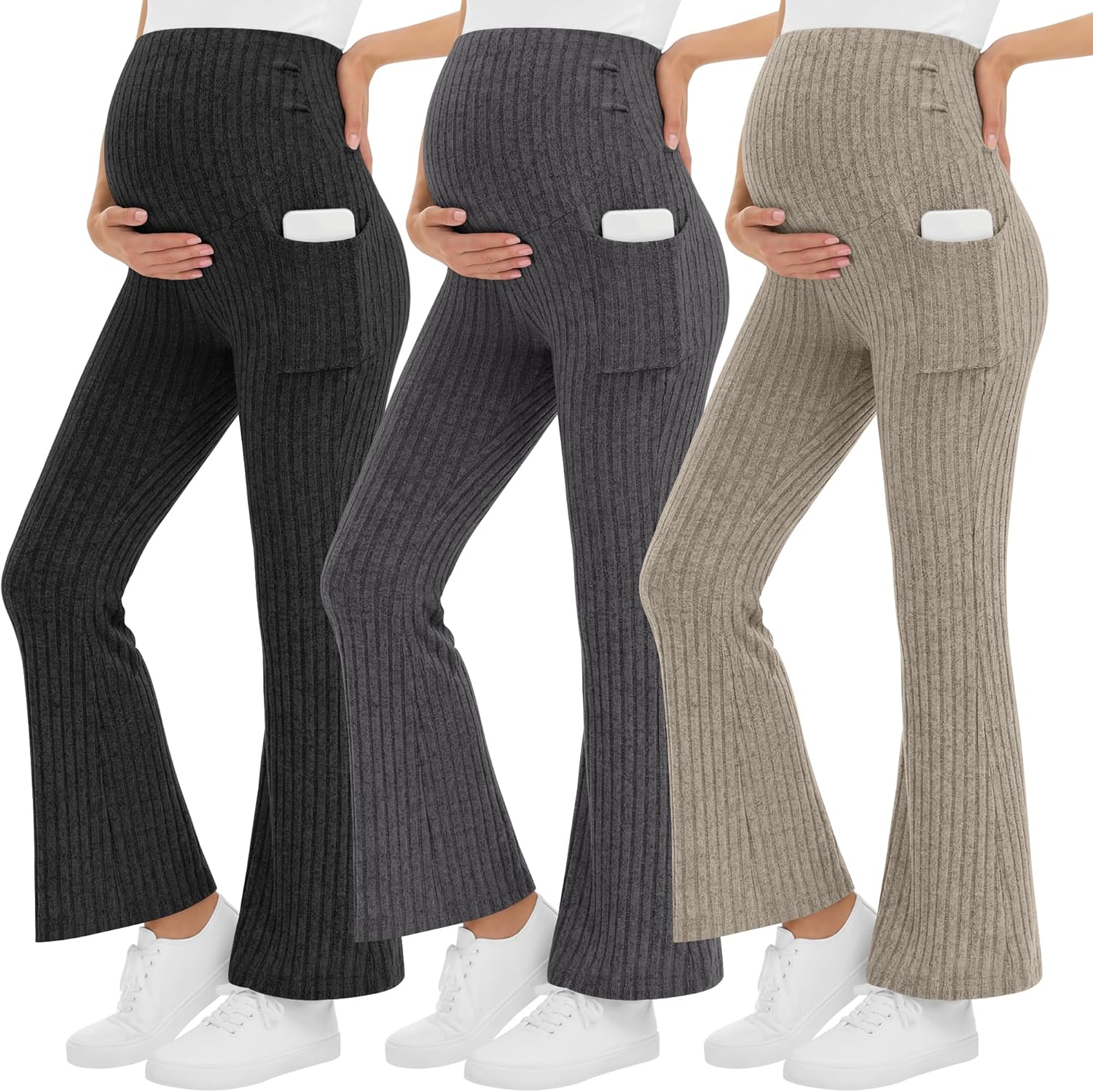 3 Pack Women's Maternity Ribbed Flare Pants Over The Belly Pregnancy Knit Sweater Soft Warm Trousers with Pockets