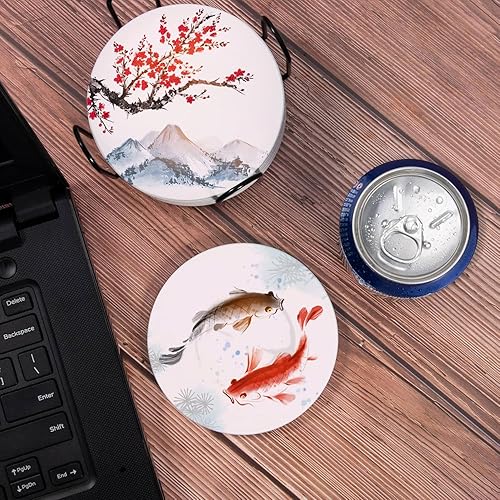 Miniatura 4 de Juego de 6 posavasos para bebidas, diseño tradicional oriental, pintura de tinta oriental, absorbente, redondo, con base de corcho y soporte de
