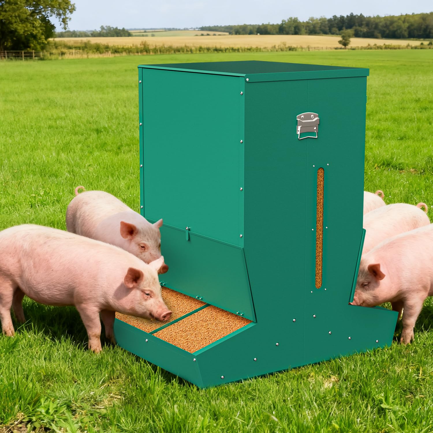 Pig Feeder, 4-Door Heavy Duty Galvanized Steel Hog Feeder, Outdoor Pig Feeders with Visable Feed Design, Livestock Feeder for Barn, Farm, Green
