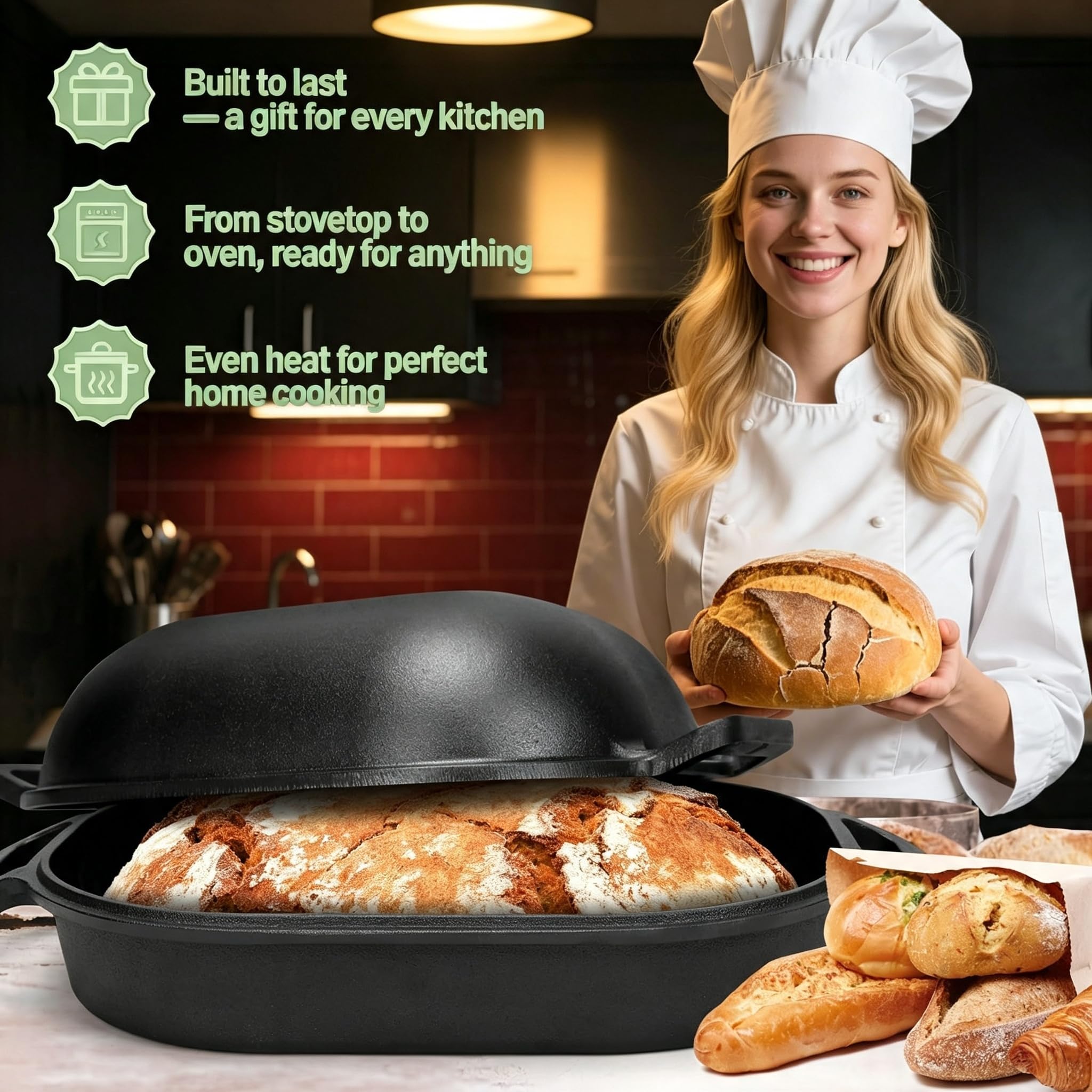 Gusseisen Topf Brot Backen 40cm, Robuste Brotbackform mit Deckel, Gusseisentopf Brotform, Idealer Brottopf Toastbrot Backform mit Brotbacken Zubehör