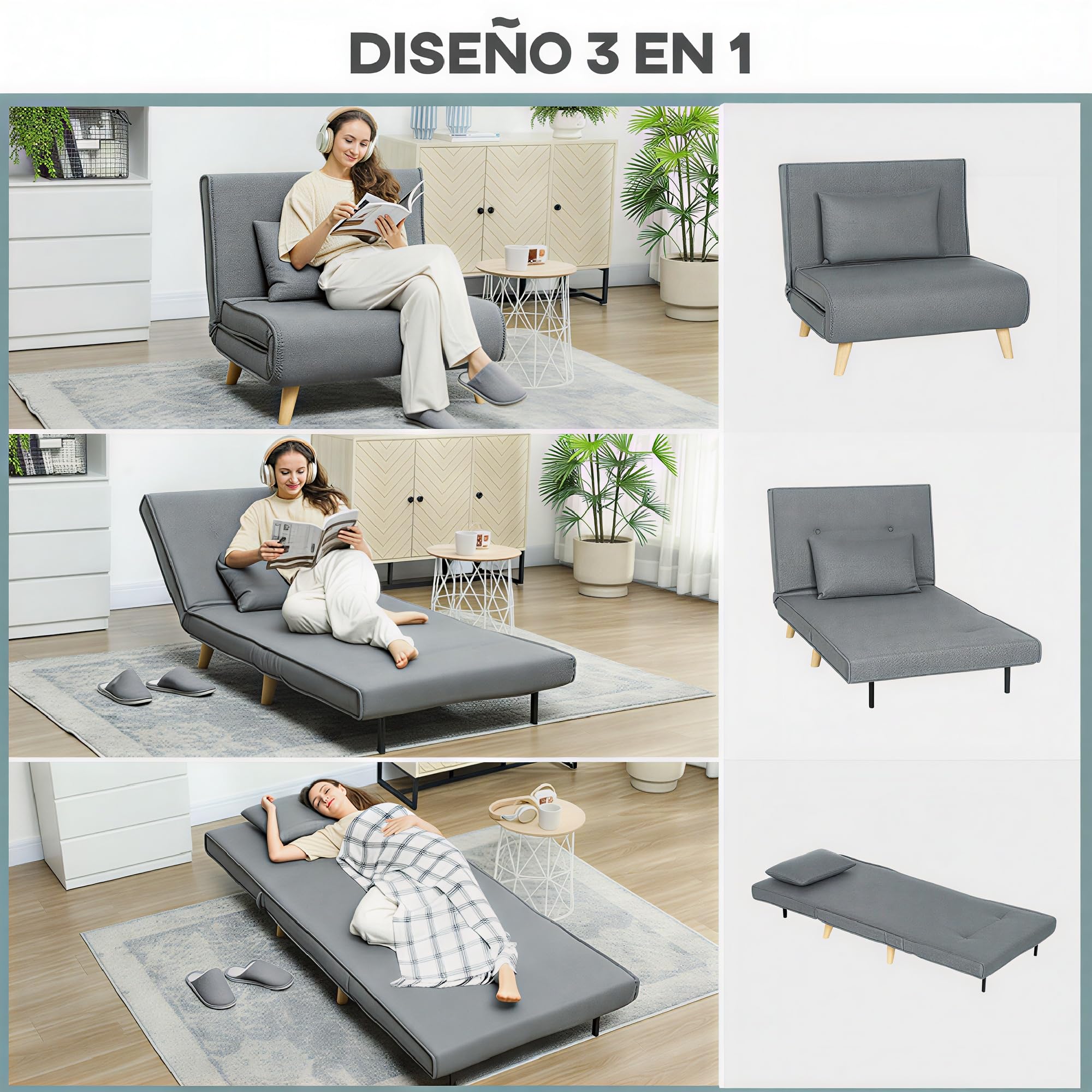 HOMCOM Sofá Cama de 1 Plaza 3 en 1, Sillón Cama Plegable Tapizado en Lino Sintético, con Respaldo Ajustable en 6 Niveles, Almohada, Asiento Ancho, Patas de Madera, 90x78x79 cm, Gris