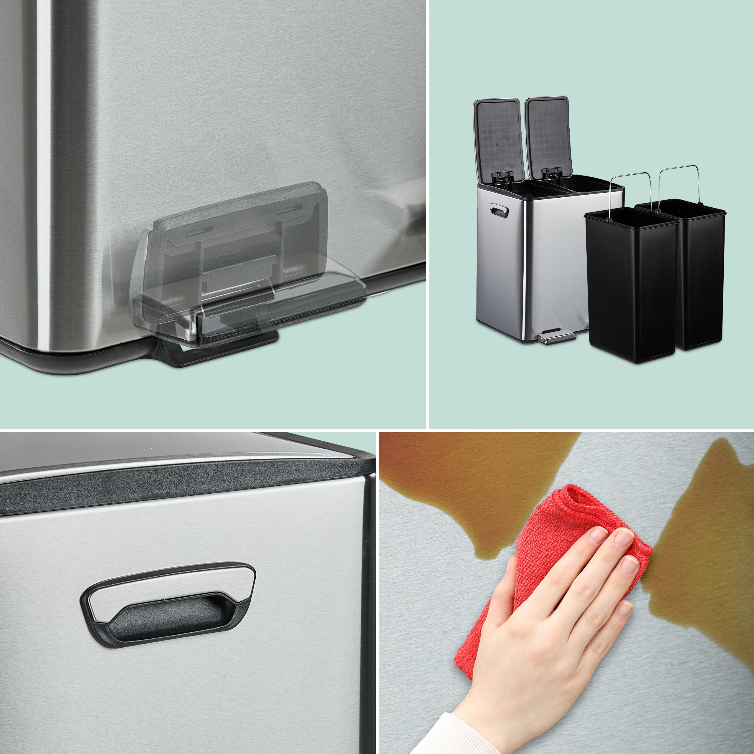 Relaxdays Pattumiera a Pedale da Cucina, 2 Scomparti 15 L Raccolta Carta e Plastica, Coperchio Silenziosa, Argentato