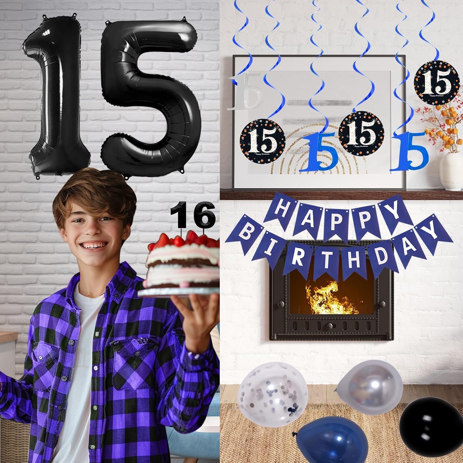 15th Birthday Decorations for Boys and Girls Dark Blue, HAPPY BIRTHDAY Banner Black Number 15 Balloons Tablecloth Foil Backdrop Star Balloons Garland Arch Kit-15 Years Old Birthday Party Supplies - Image 6