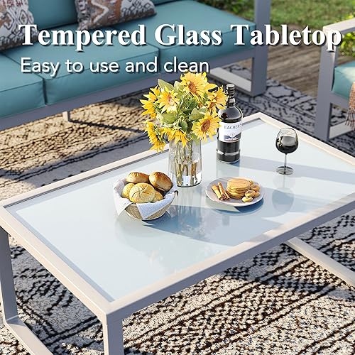 Miniatura 3 de Green4ever Juego de muebles de patio de aluminio de gran tamaño, 5 piezas, moderno juego de conversación al aire libre, sofá seccional de metal para