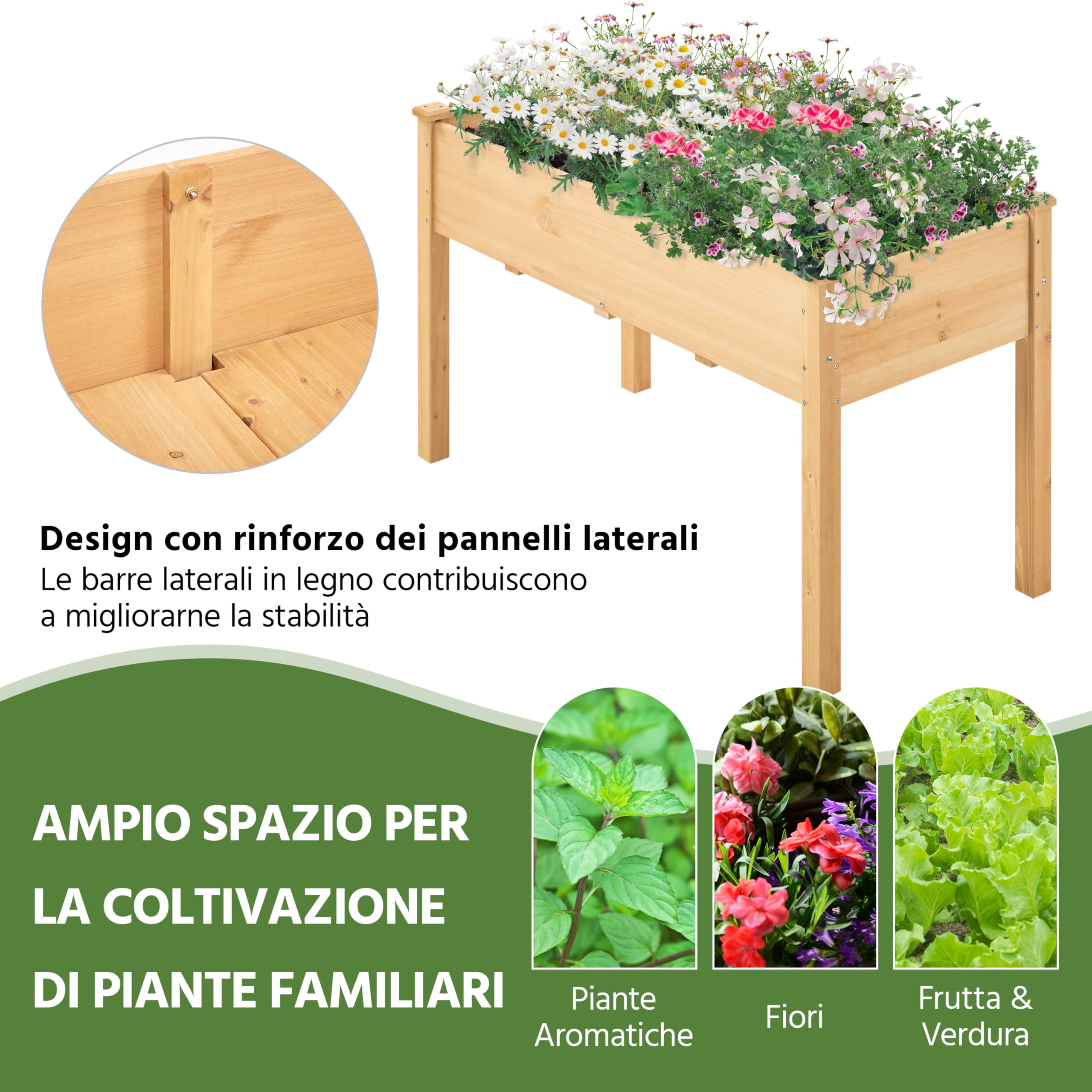 Yaheetech Fioriera/Aiuola Rialzata per Verdure Frutta Erbe Piante, Lettino Orto Rialzato in Legno da Giardino Esterno Balcone 120,5 x 59 x 76 cm