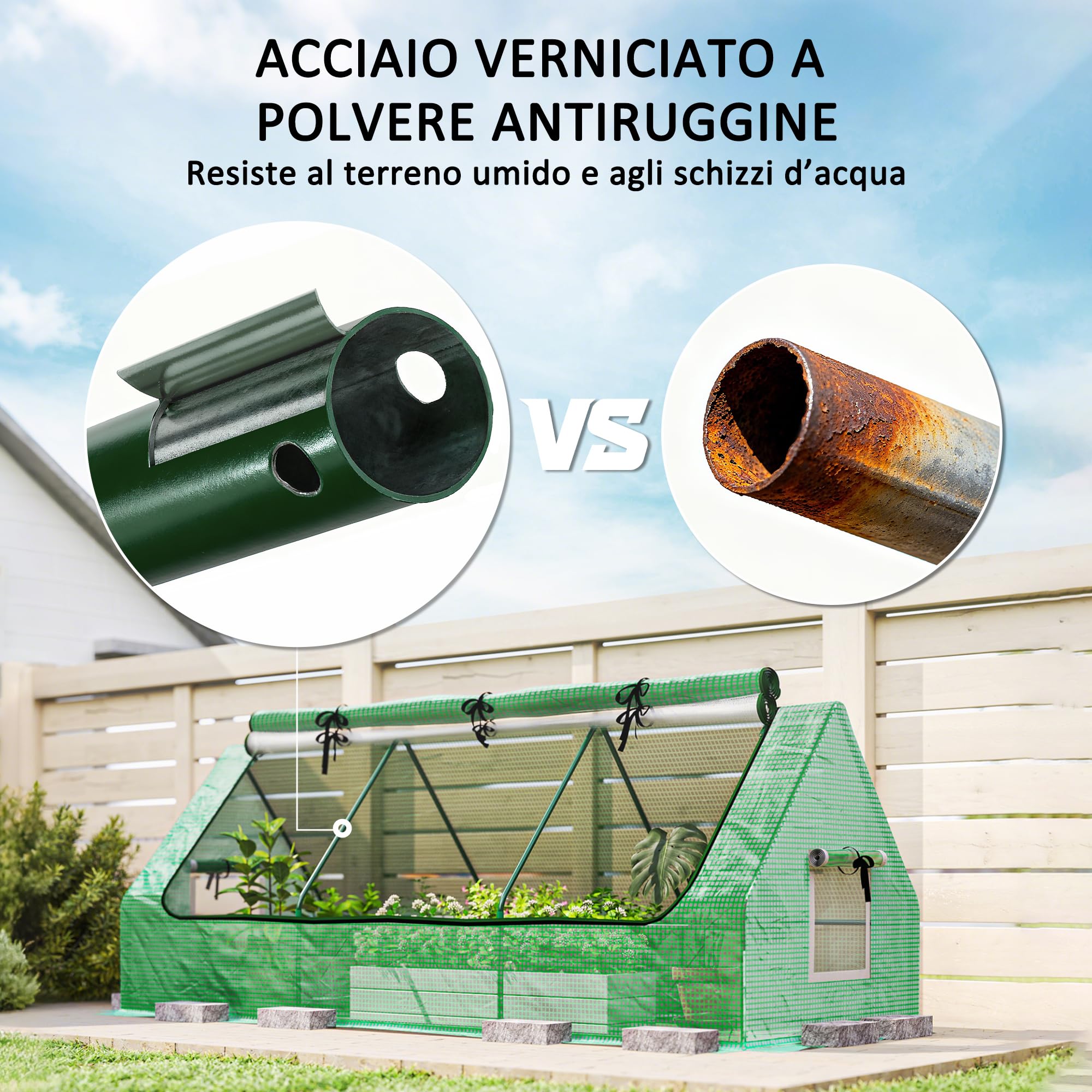 Outsunny Serra da Giardino con 2 Finestrelle Laterali e Finestra Centrale Avvolgibile, Serra per Orto in Acciaio, PE e PP, 240x90x90 cm, Verde